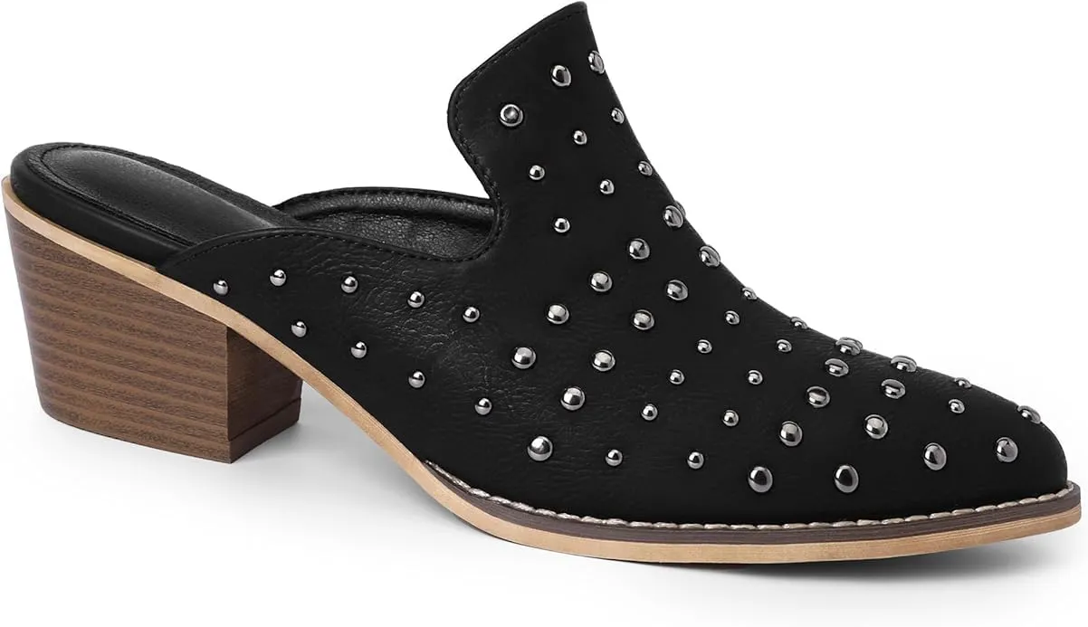Bigwow Fashion Women's Rivet Chunky Block Heel Mules Closed Point Toe Clogs Backless Pumps Slip On Slides Casual Dressy Sandal Shoes