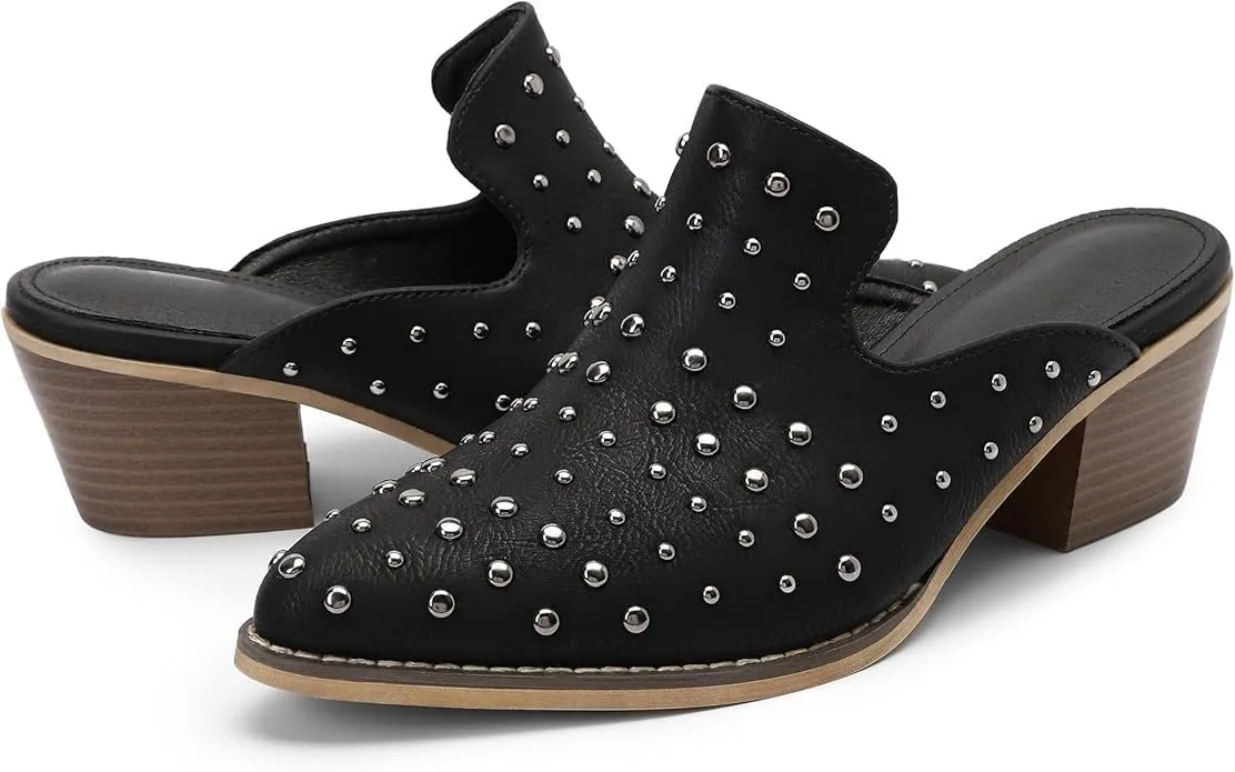 Bigwow Fashion Women's Rivet Chunky Block Heel Mules Closed Point Toe Clogs Backless Pumps Slip On Slides Casual Dressy Sandal Shoes