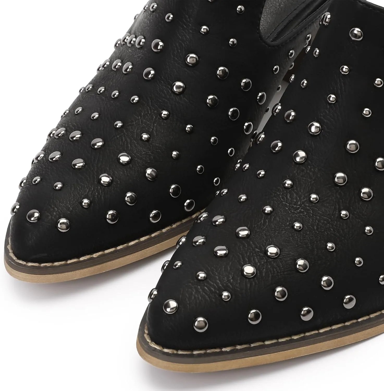 Bigwow Fashion Women's Rivet Chunky Block Heel Mules Closed Point Toe Clogs Backless Pumps Slip On Slides Casual Dressy Sandal Shoes