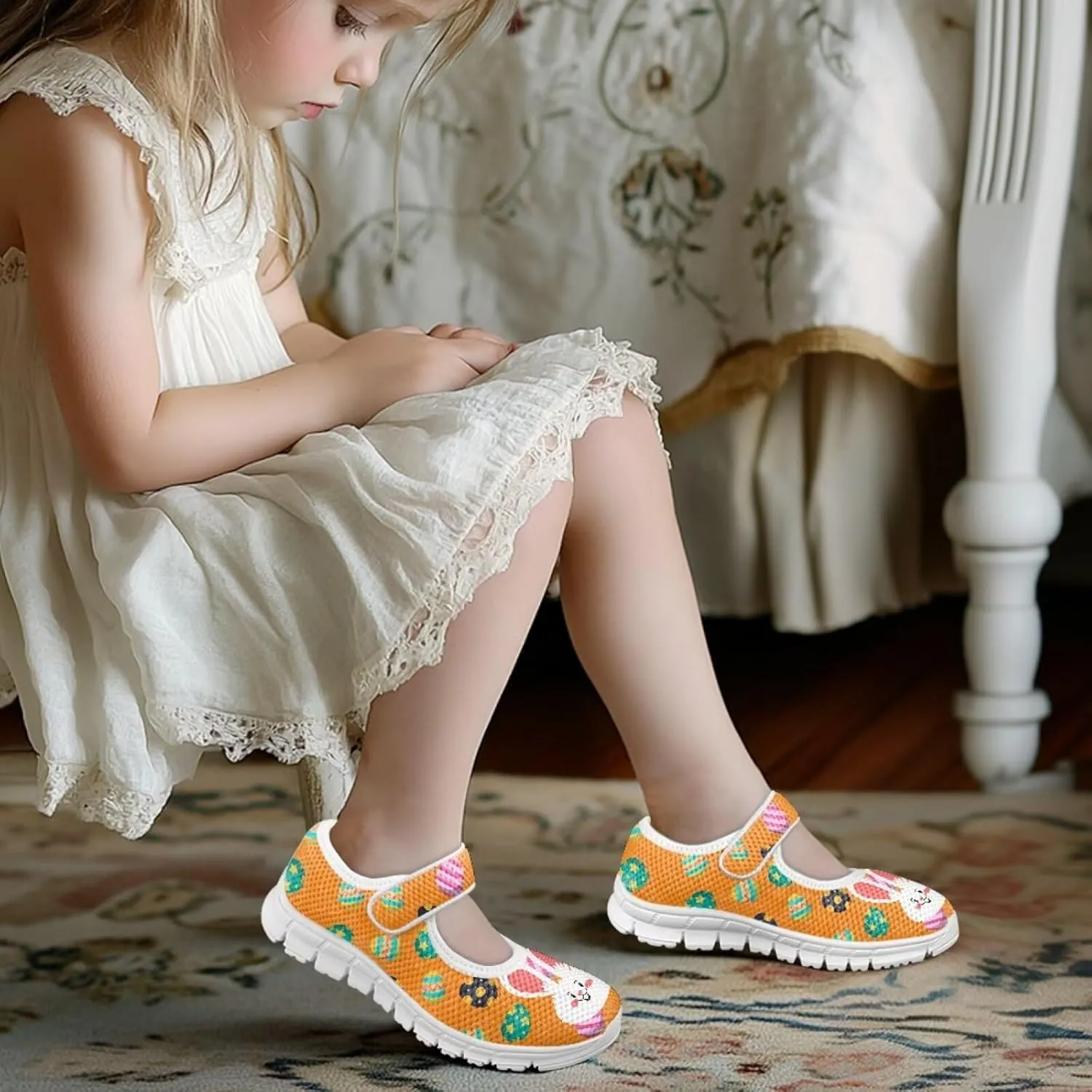 Binienty Fashion Mary Jane Sneakers for Girls Anti-Slip Holiday Christmas Easter Mesh Flat Sneaker School Shoes