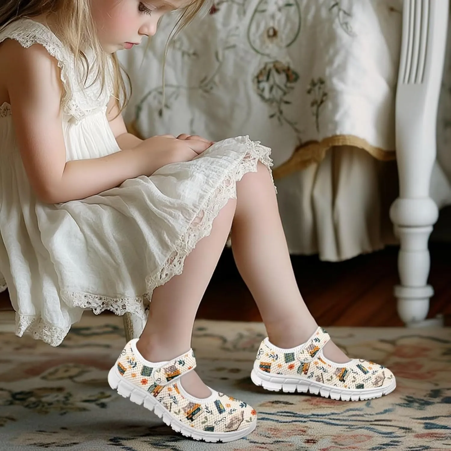 Binienty Girls School Uniform Shoes Classical Flats Mary Jane Sneakers Breathable Mesh Flat Shoes
