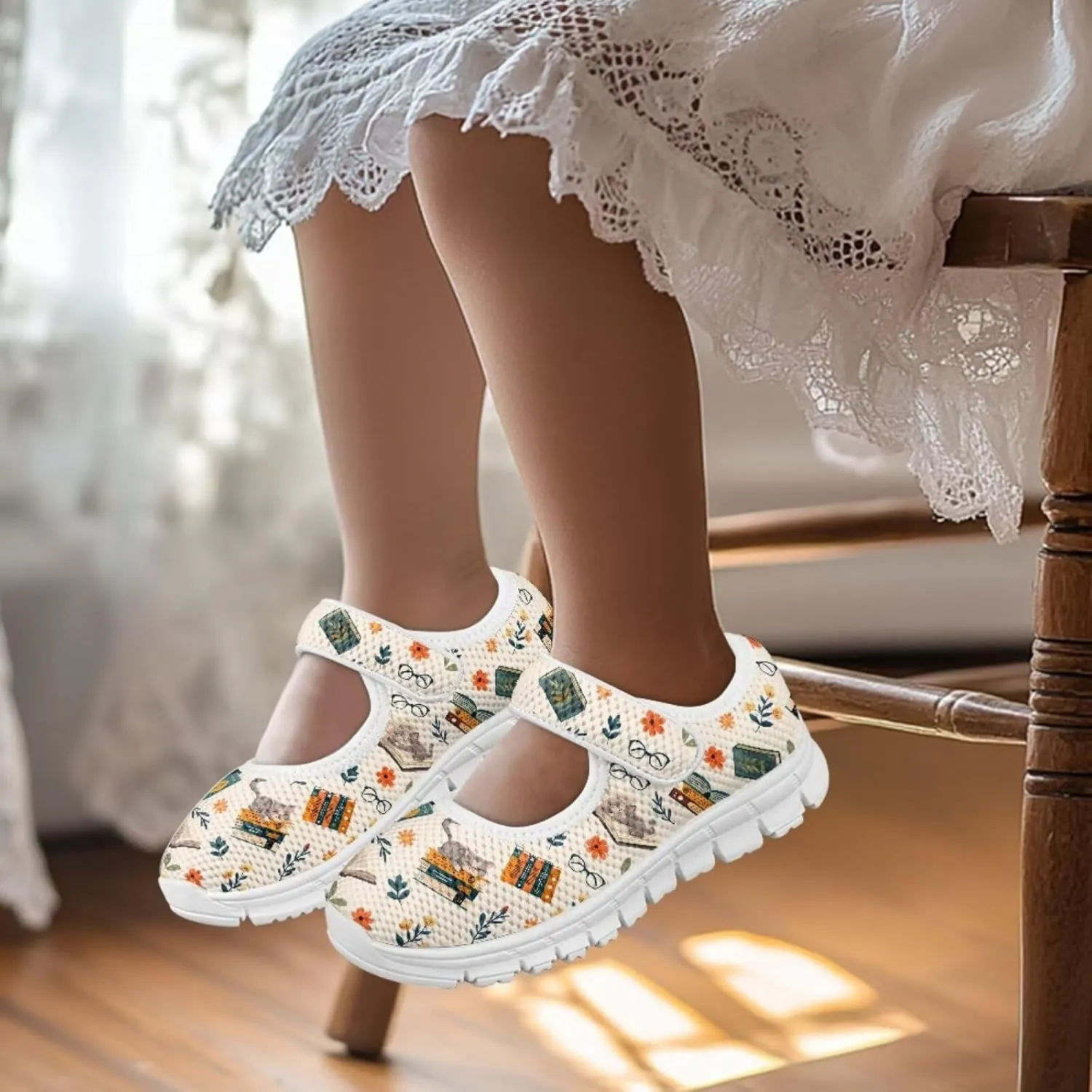 Binienty Girls School Uniform Shoes Classical Flats Mary Jane Sneakers Breathable Mesh Flat Shoes