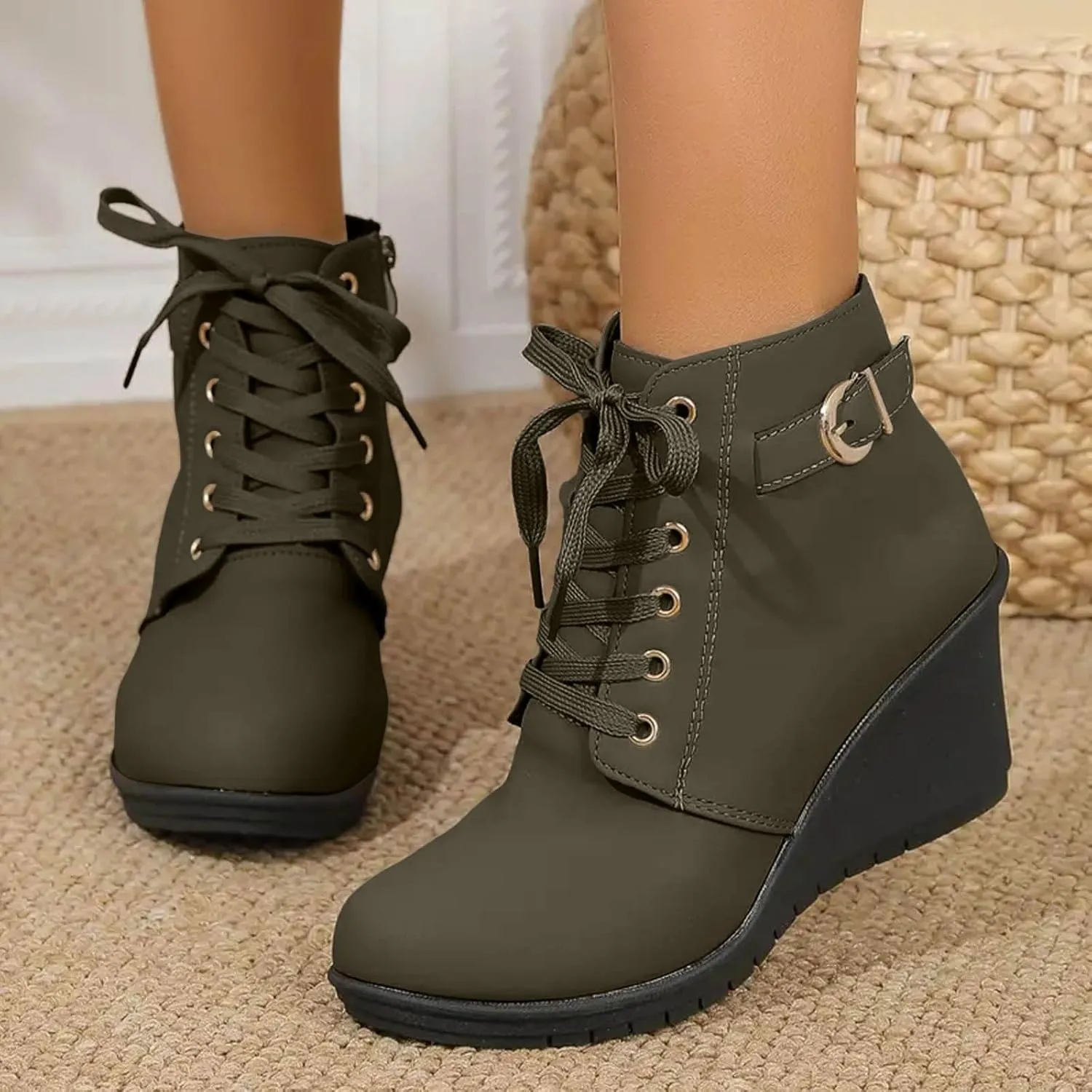 Black Ankle Boots for Women Wedge Boots for Women Fashion Women Square Heels Zipper Short Booties Round Toe Shoes