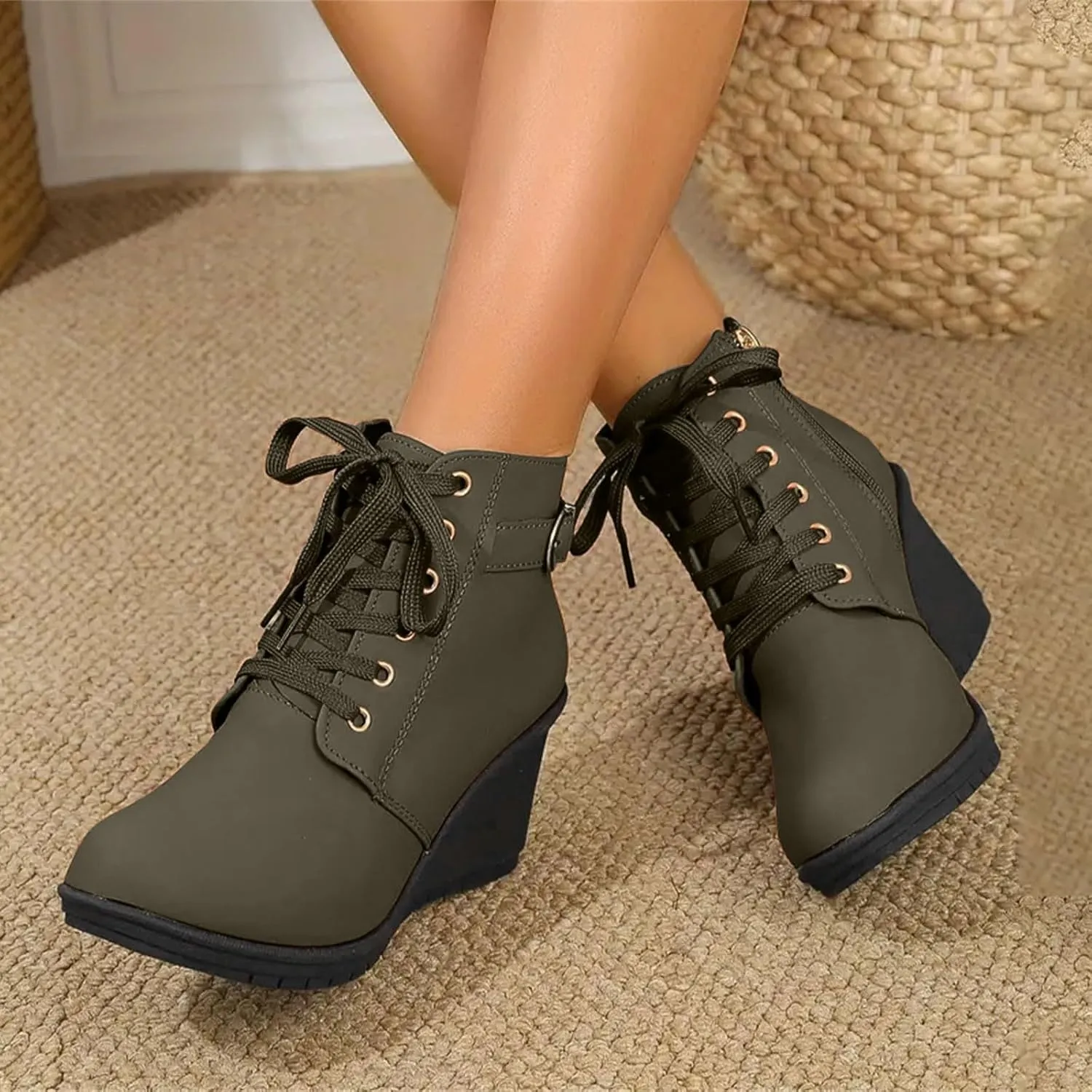 Black Ankle Boots for Women Wedge Boots for Women Fashion Women Square Heels Zipper Short Booties Round Toe Shoes