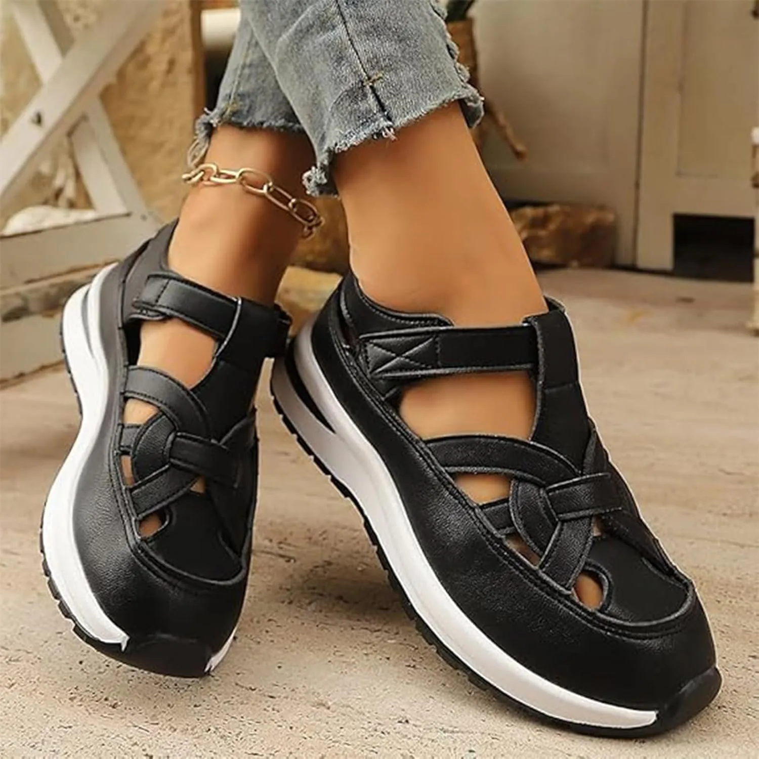 Bomre Shoes, Bomre Orthopedic Slip On Shoes Women, Closed Toe Platform Sandals Women，Arch Support Sandals, Hollow-Out Closed Toe Platform Wedge Sneaker