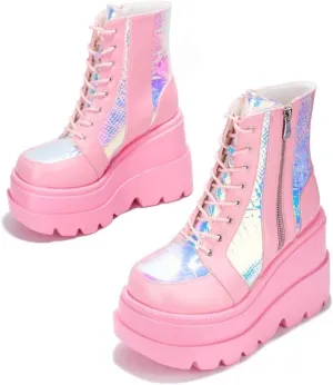 BORAMAX Women Platform Chunky Ankle Boots Punk Mid Calf For Women Zip Wedges High Heels Rave Buckle Thick Sole Goth Booties