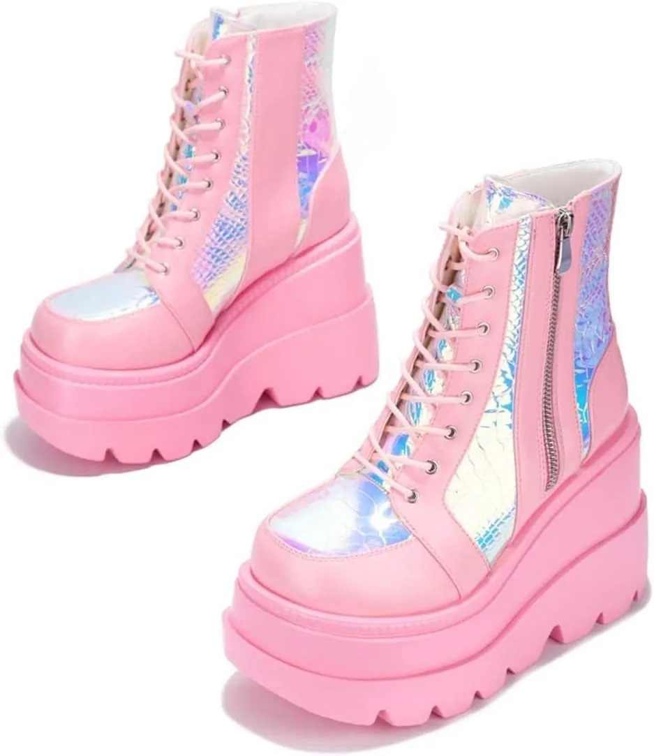 BORAMAX Women Platform Chunky Ankle Boots Punk Mid Calf For Women Zip Wedges High Heels Rave Buckle Thick Sole Goth Booties