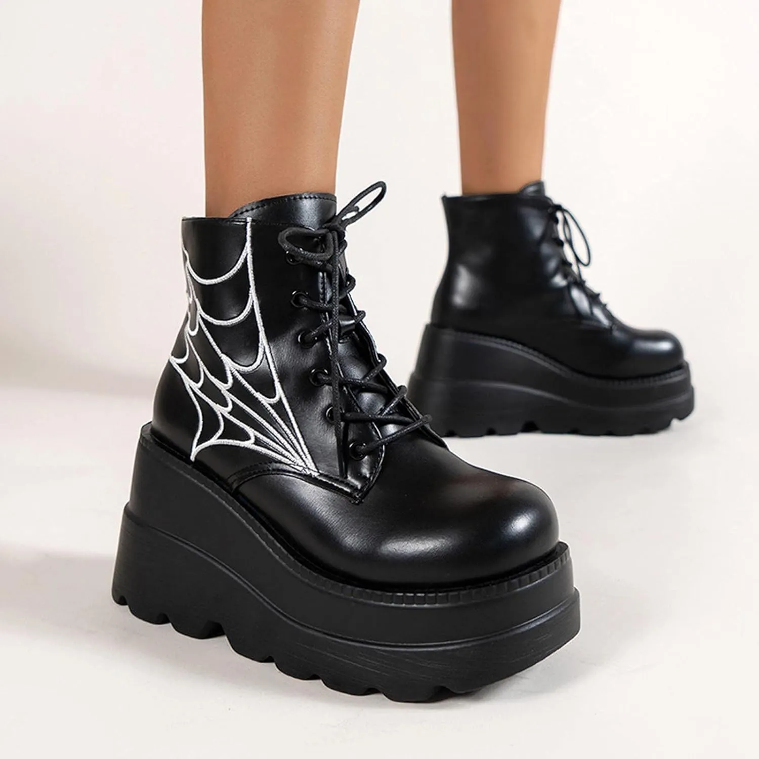 BORAMAX Women's Halloween Demon Wings Platform Boots Lace-Up Chunky Heel Combat Boots Goth Punk Wedge Heel Ankle Boots