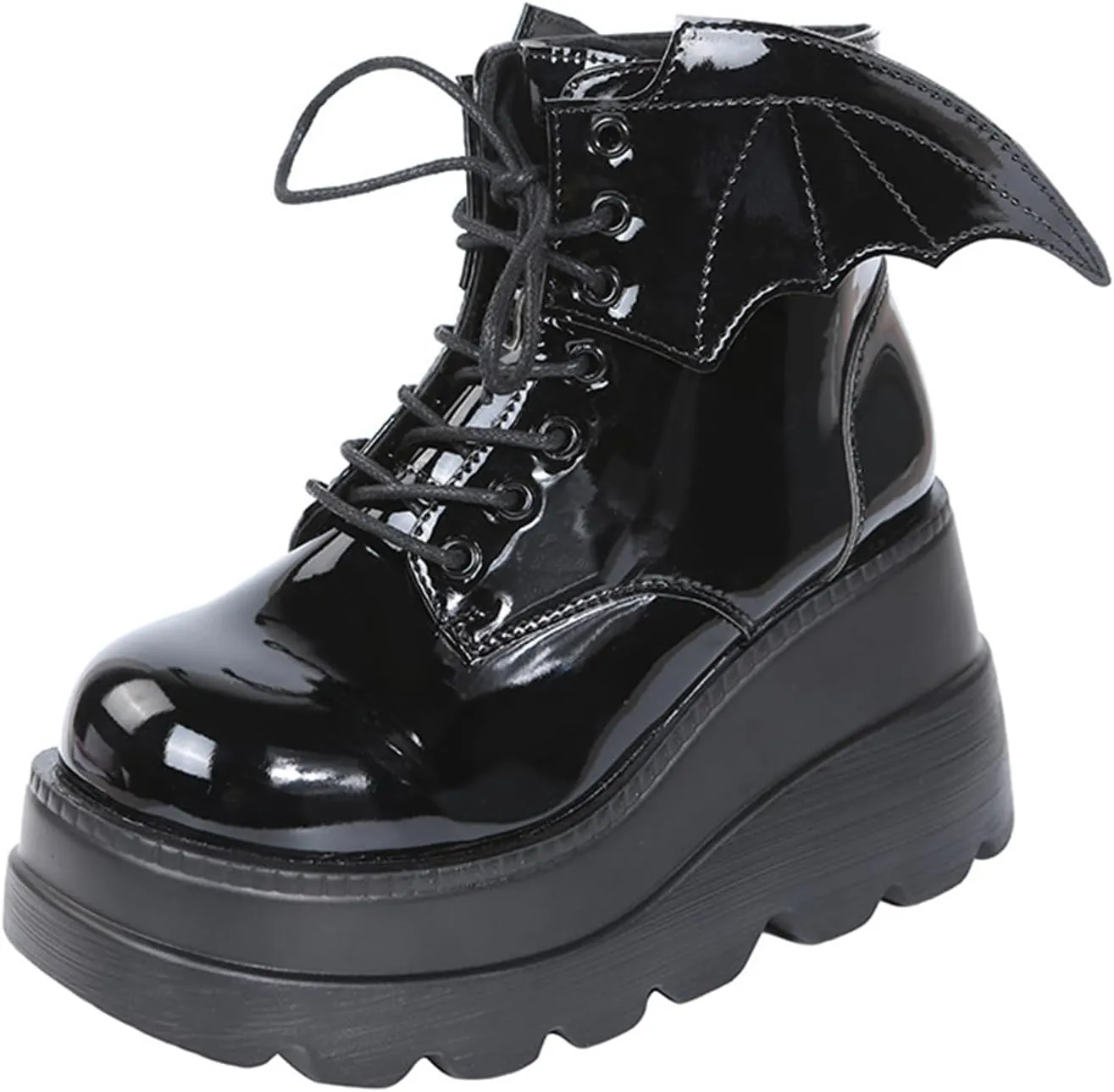 BORAMAX Women's Halloween Demon Wings Platform Boots Lace-Up Chunky Heel Combat Boots Goth Punk Wedge Heel Ankle Boots
