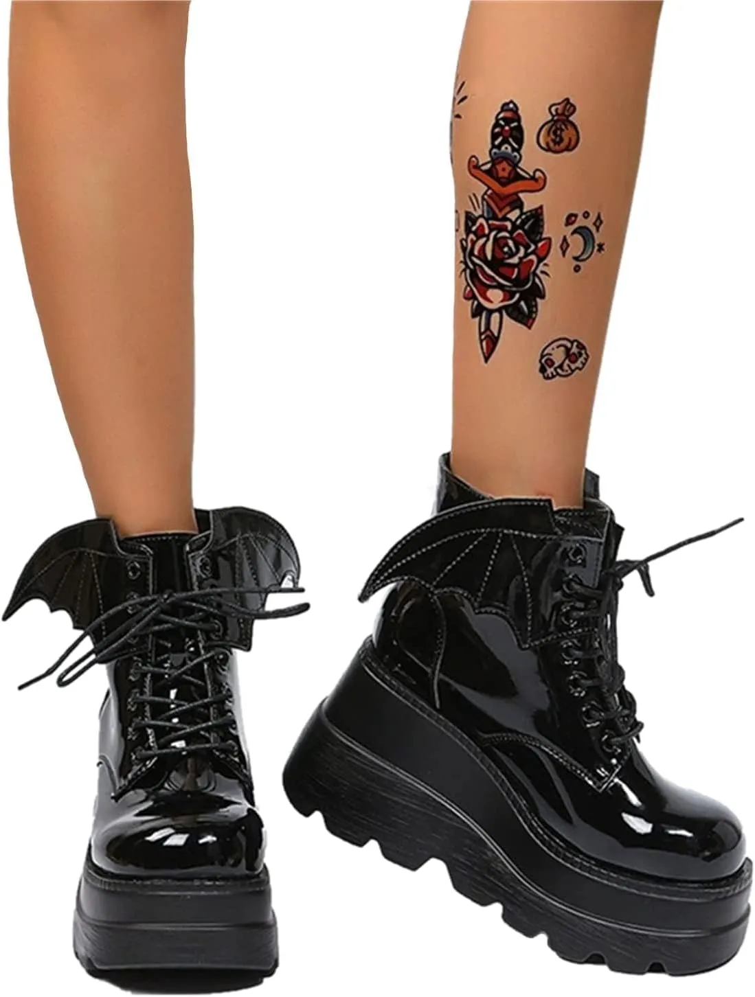 BORAMAX Women's Halloween Demon Wings Platform Boots Lace-Up Chunky Heel Combat Boots Goth Punk Wedge Heel Ankle Boots