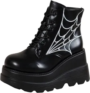 BORAMAX Women's Halloween Demon Wings Platform Boots Lace-Up Chunky Heel Combat Boots Goth Punk Wedge Heel Ankle Boots