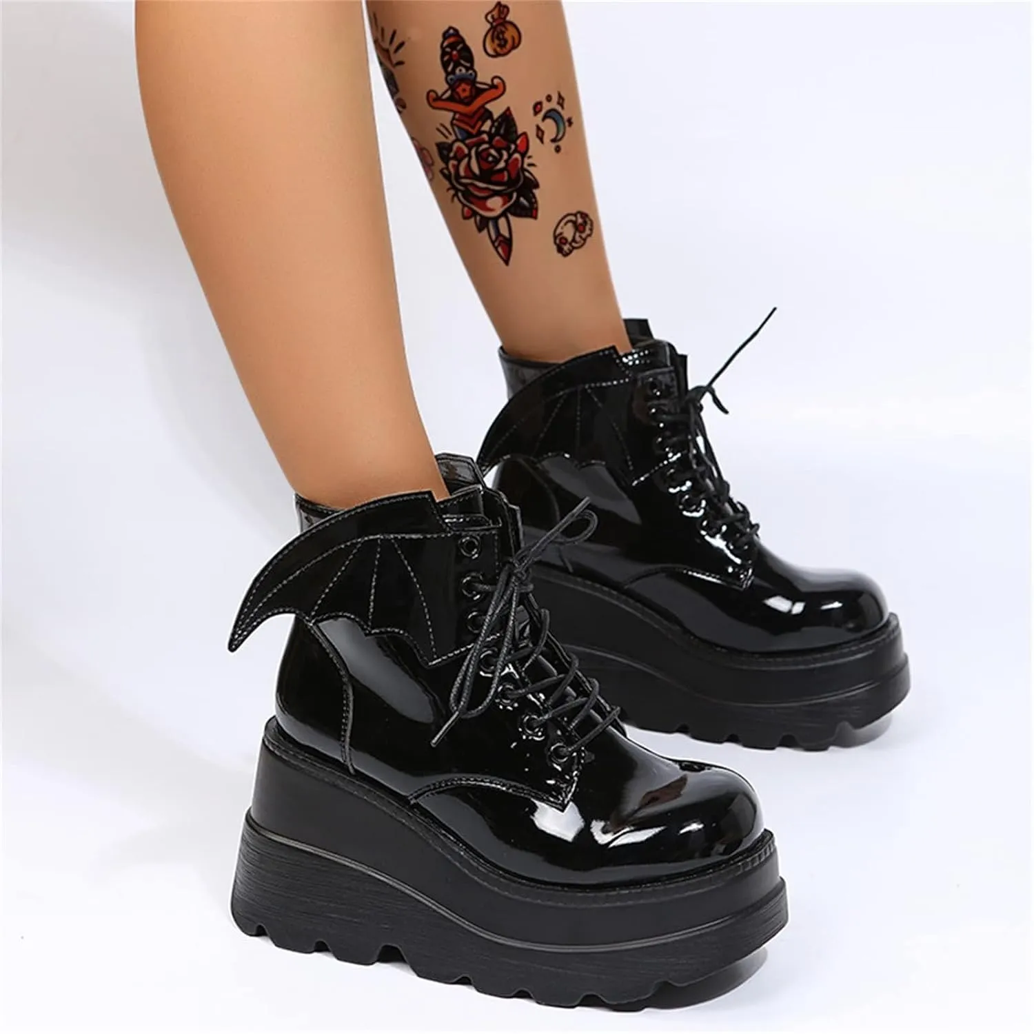 BORAMAX Women's Halloween Demon Wings Platform Boots Lace-Up Chunky Heel Combat Boots Goth Punk Wedge Heel Ankle Boots