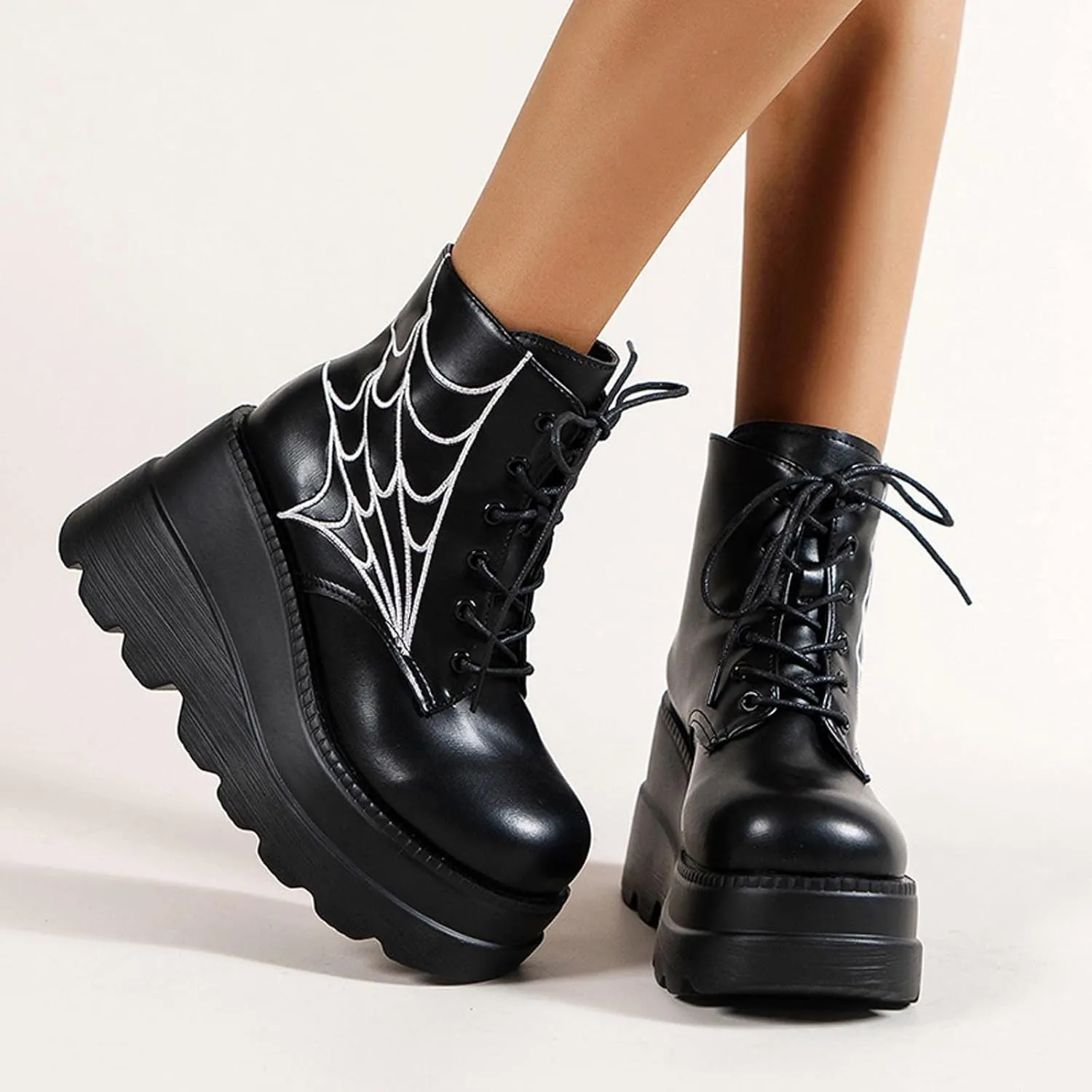 BORAMAX Women's Halloween Demon Wings Platform Boots Lace-Up Chunky Heel Combat Boots Goth Punk Wedge Heel Ankle Boots