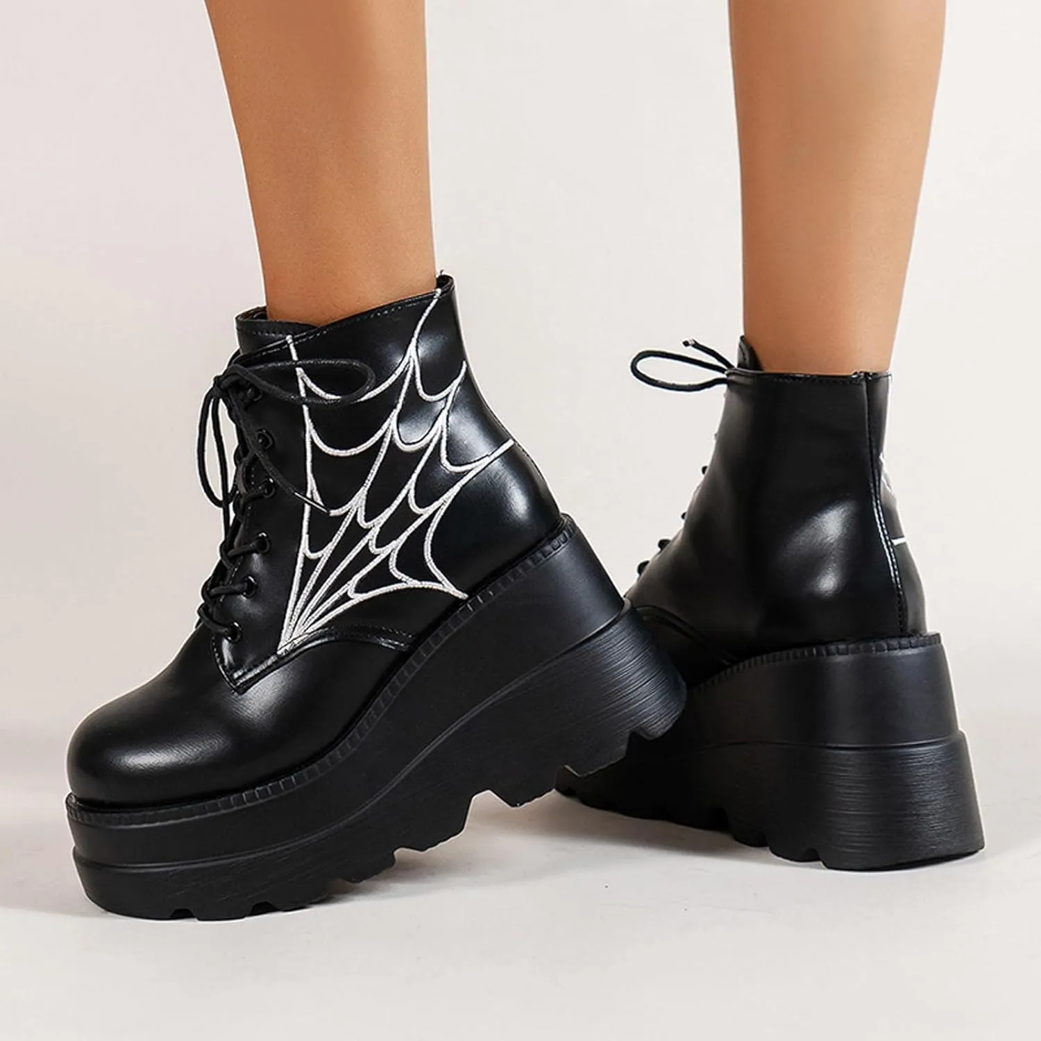BORAMAX Women's Halloween Demon Wings Platform Boots Lace-Up Chunky Heel Combat Boots Goth Punk Wedge Heel Ankle Boots