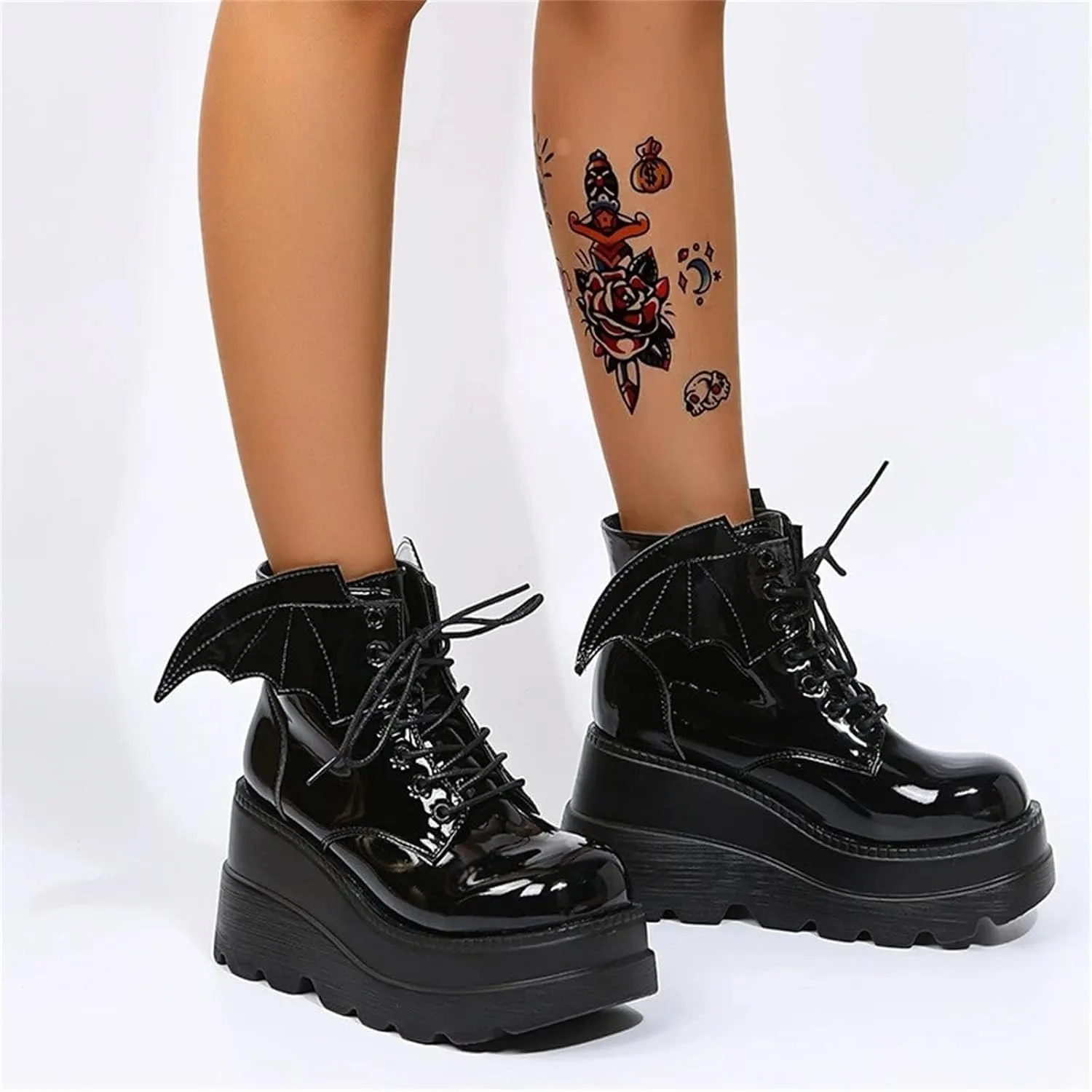 BORAMAX Women's Halloween Demon Wings Platform Boots Lace-Up Chunky Heel Combat Boots Goth Punk Wedge Heel Ankle Boots