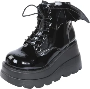 BORAMAX Women's Halloween Demon Wings Platform Boots Lace-Up Chunky Heel Combat Boots Goth Punk Wedge Heel Ankle Boots