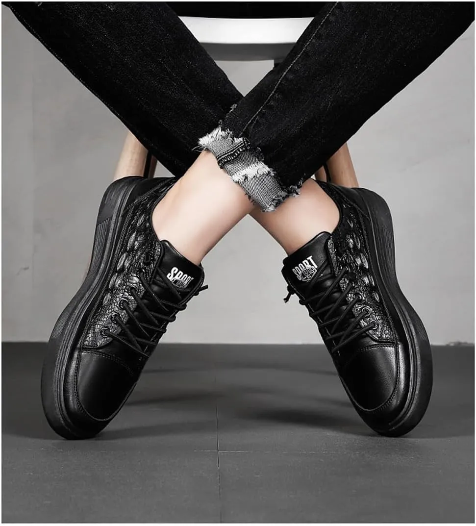 Boxpopla Men's Vegan Leather Elastic Lace-Up Casual Sneakers Low Top Crocodile Breathable Fashion Dress Men Walk Sports Shoes