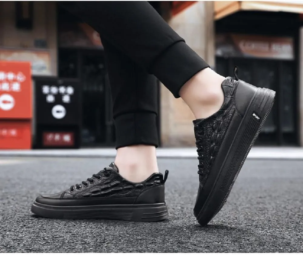 Boxpopla Men's Vegan Leather Elastic Lace-Up Casual Sneakers Low Top Crocodile Breathable Fashion Dress Men Walk Sports Shoes
