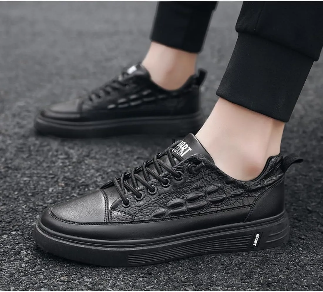 Boxpopla Men's Vegan Leather Elastic Lace-Up Casual Sneakers Low Top Crocodile Breathable Fashion Dress Men Walk Sports Shoes
