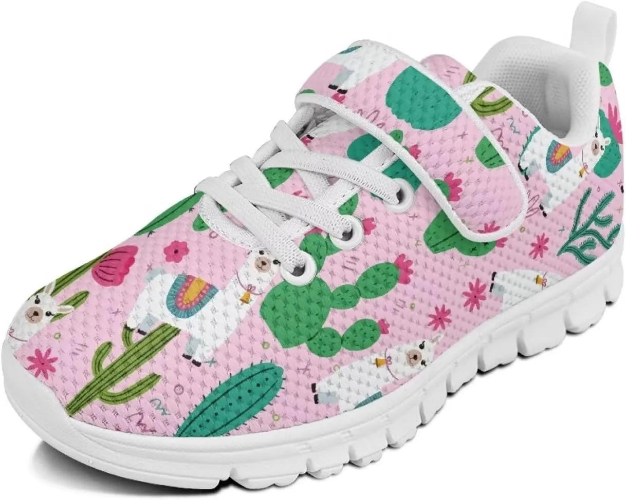 Boy Shoes Athletic Running Fashion Sneakers Walking Breathable Kids Girls Fitness Cross-Training Tennis Lightweight Shoes for Little Kid Alpaca Cactus Pattern（White Sole）
