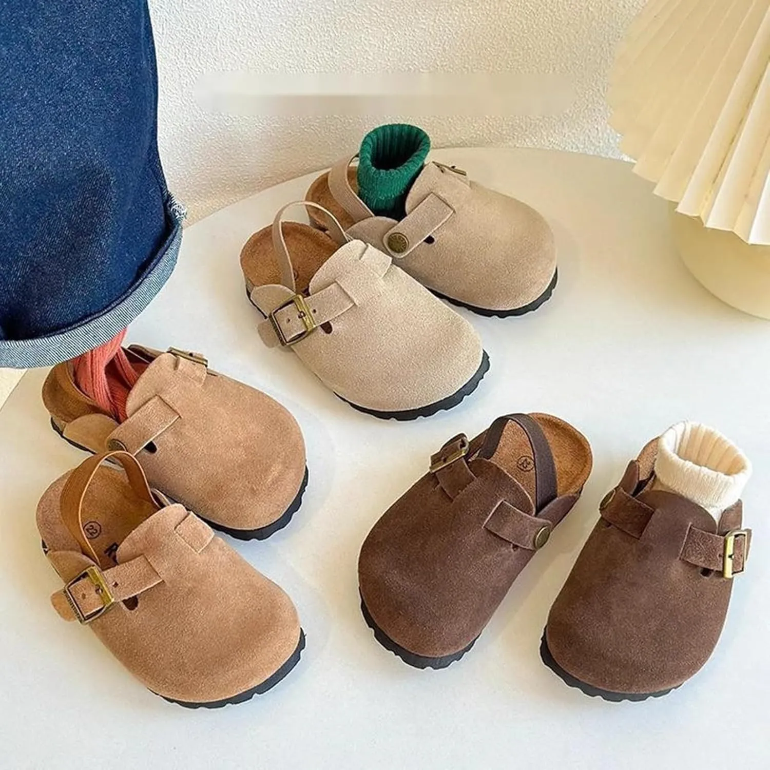 Boys Girls Suede Clogs Unisex Toddler Slip-on Slippers Kids Outdoor Indoor Flat Shoes Classic Cork Adjustable Buckle Mules Cute Sandals