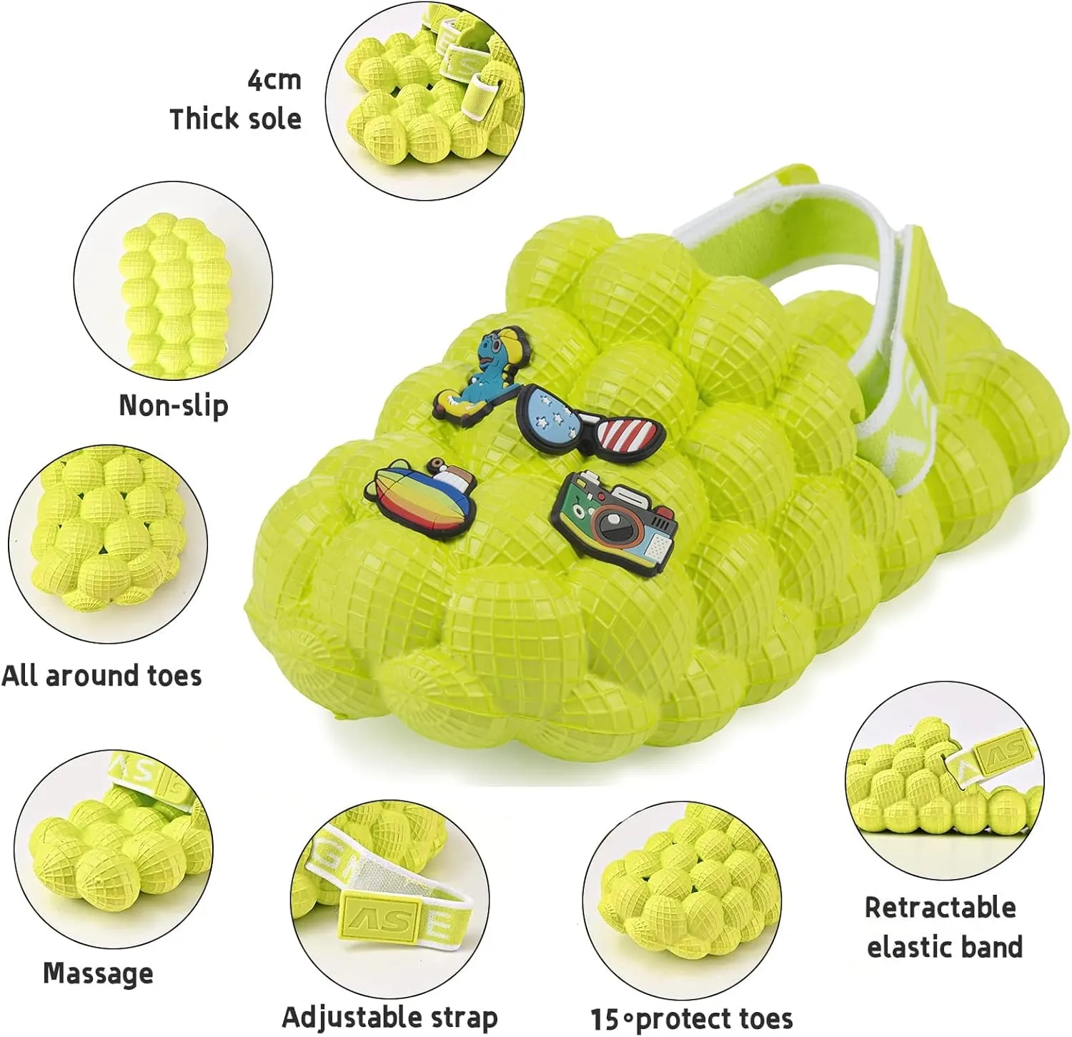 Bubble Slides for Kids,Golf Ball Slides Girls Sandals,Toddler Diy Unicorn Rainbow Charms Massage Slippers Adjustable Elastic Band Kids Sandals for Indoor Outdoor Non-Slip Thick Sole Shower Shoes