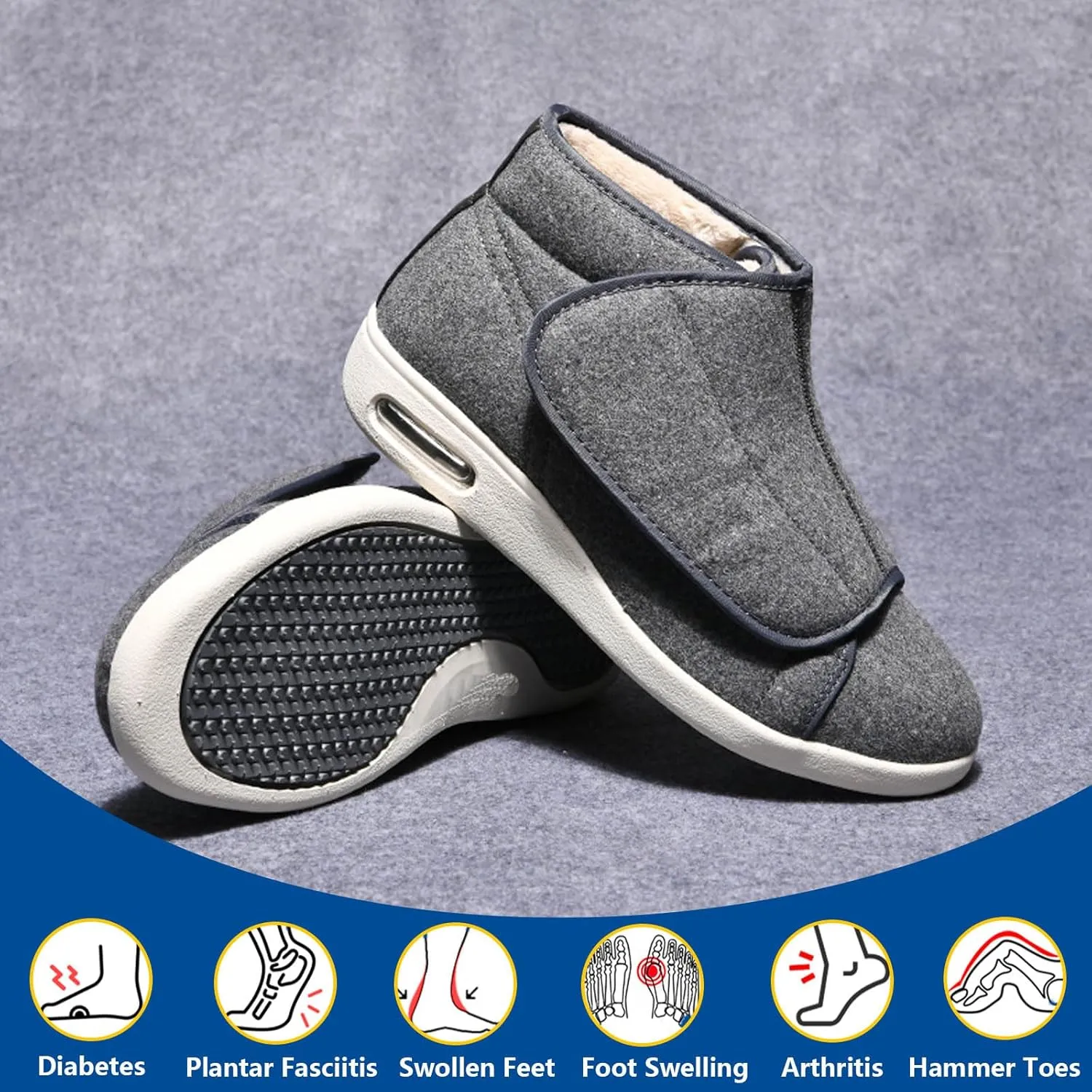 bumuam Men's Diabetic Shoes Extra Wide Width,Men's Diabetic Winter Warm Fleece Shoes, Non-Slip Round Toe Adjustable Wide Memory Form Boots Extra Wide Bootie Slippers