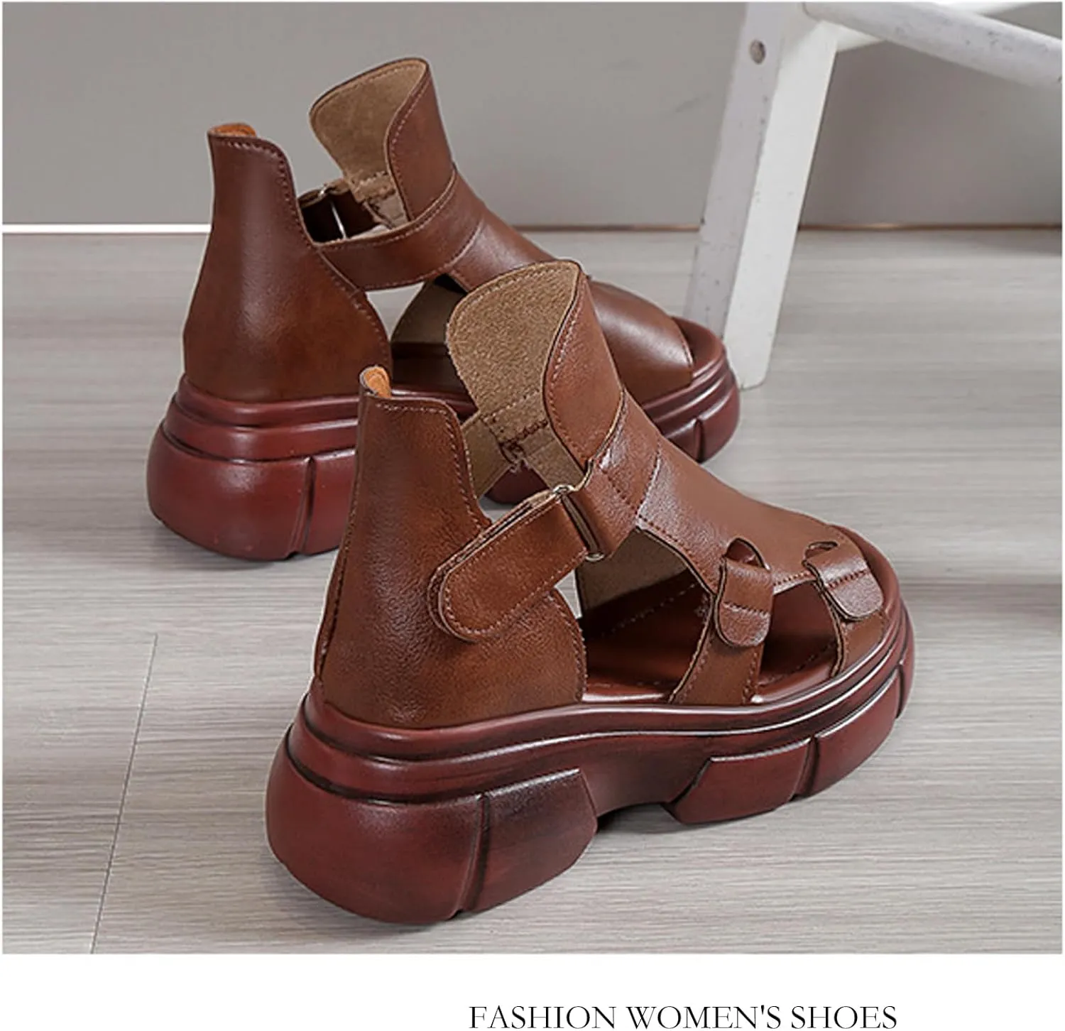 bumuam Women's Leather Platform Gladiator Sandals, Open Toe Non slip High-Top Fisherman Sandals Comfortable Chunky Dress Party Roman Shoes