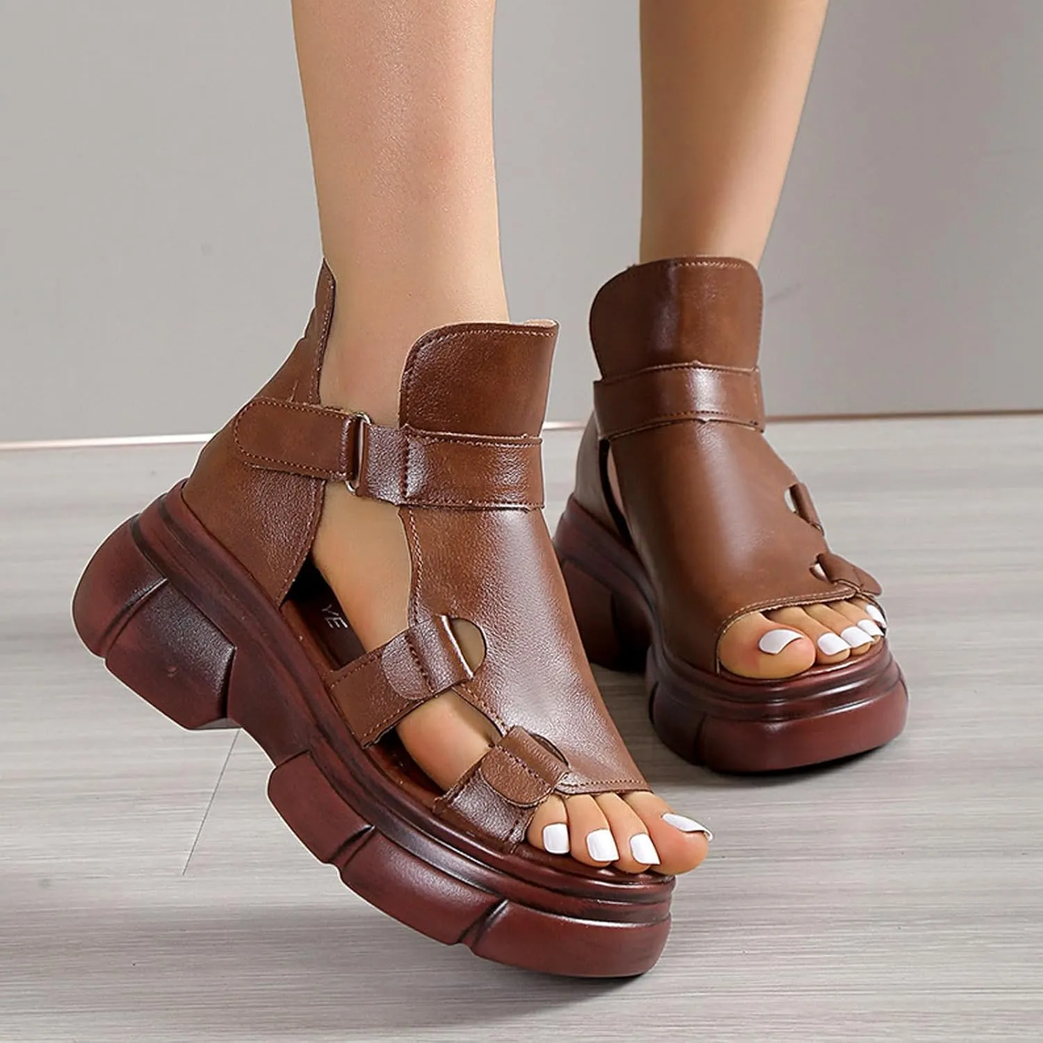 bumuam Women's Leather Platform Gladiator Sandals, Open Toe Non slip High-Top Fisherman Sandals Comfortable Chunky Dress Party Roman Shoes