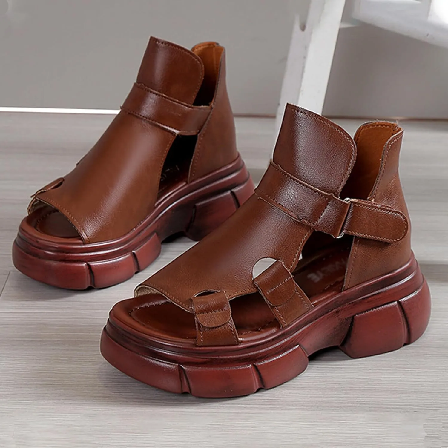 bumuam Women's Leather Platform Gladiator Sandals, Open Toe Non slip High-Top Fisherman Sandals Comfortable Chunky Dress Party Roman Shoes