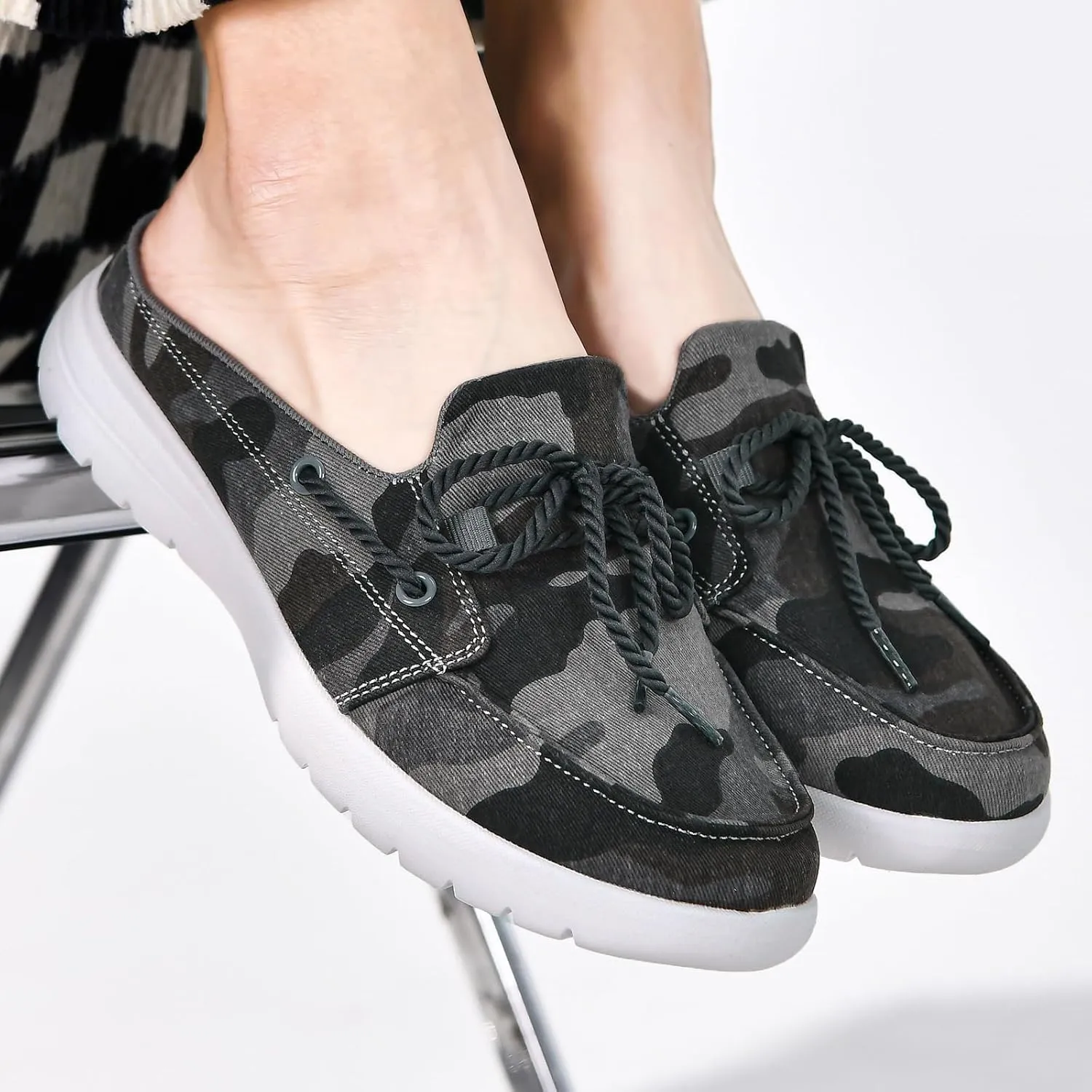 Buyrew Mules for Women Slip on Shoes Comfortable Knit Canvas Walking Flats with Arch Support Breathable Clogs House Slippers