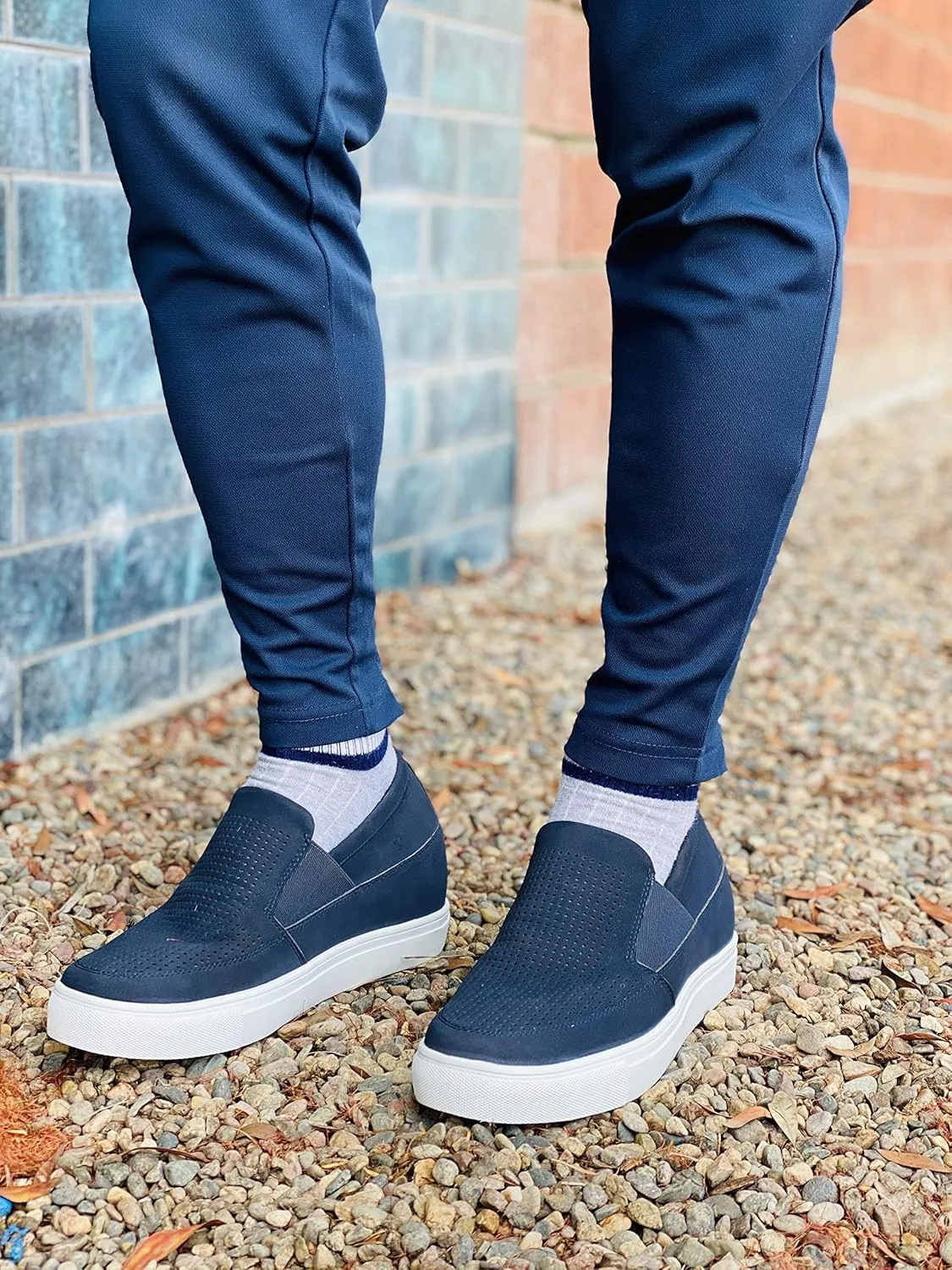 CALTO Men's Invisible Height Increasing Elevator Shoes - Navy Blue Leather Slip-on Lightweight Casual Loafers - 3 Inches Taller - G63892 - Size 10 D(M) US