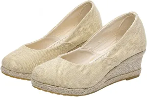 Canvas Espadrille Wedges Closed Toe, Thick Soled Sandals Casual Slip On Walking Shoes Comfortable Heels Wedge Woven Espadrilles Beach Vacation Shoes Trendy Summer Sandals for Women Ladies Outdoor Wear
