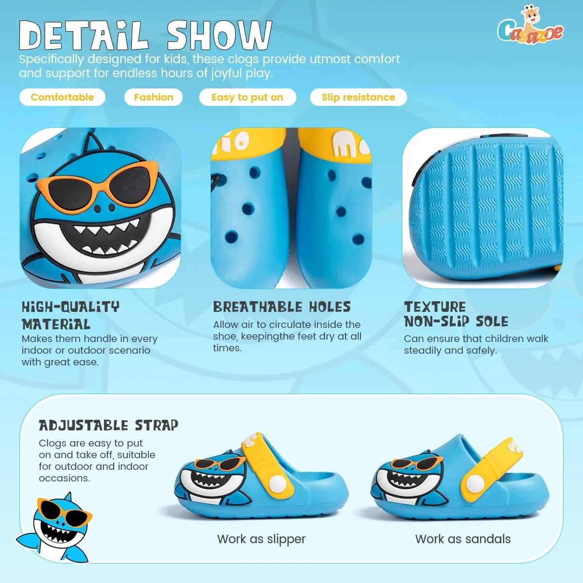 Casazoe Toddler Kids Boys Girls EVA Clogs Cute Garden Shark Water Sandals Slip On Shoes Slipper Slides Lightweight Outdoor Summer Beach Pool Play Shoes (Toddler/Little Kids)