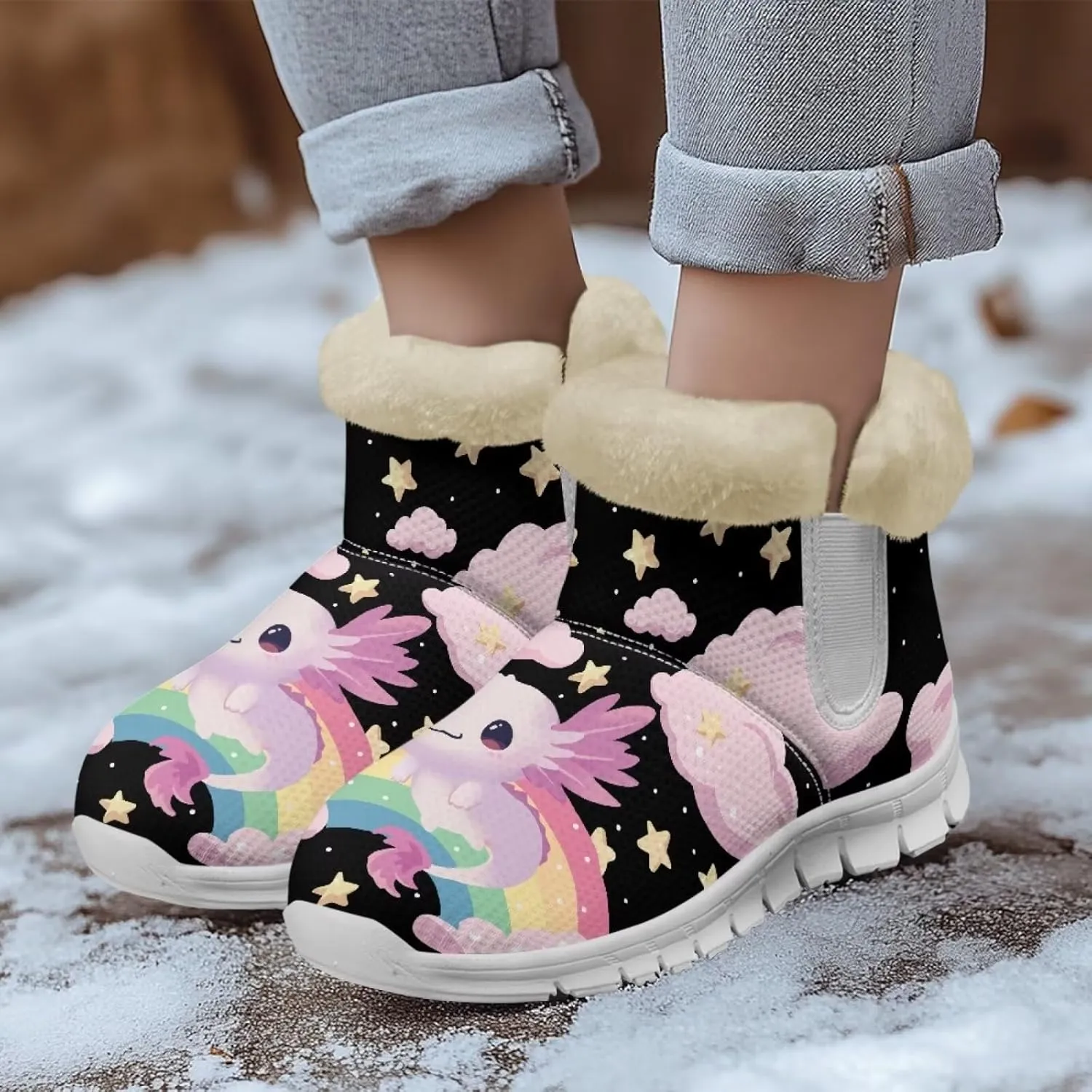 chaqlin Axolotl Snow Boots Winter Ankle Warm Boots Non Slip Sole for Women Wide Casual Outdoor Work Boots Soft Flannel Plush Lightweight Flat Heels Boots
