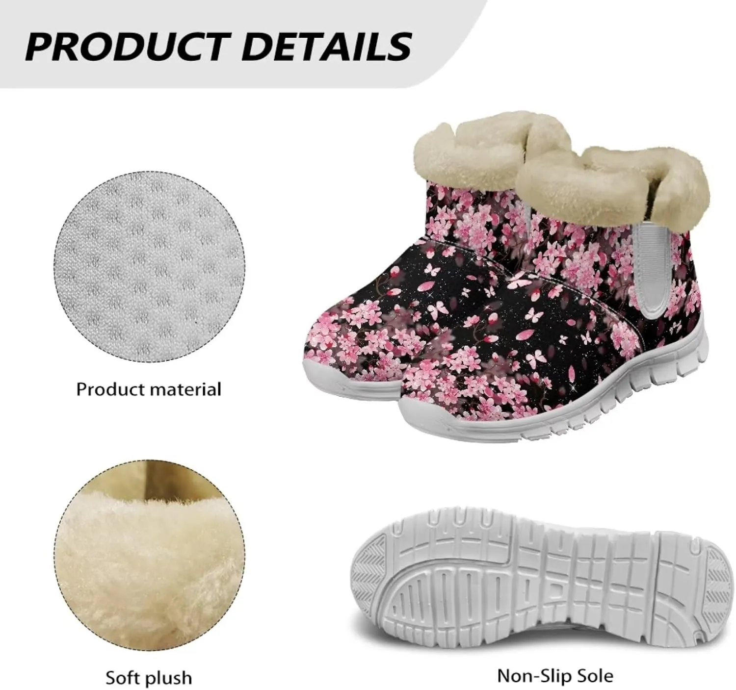 chaqlin Cherry Blossom Snow Boots Winter Ankle Boots for Women Flat Heels Resistant Slip Lightweight Flannel Plush Boots Casual Outdoor Backpacking