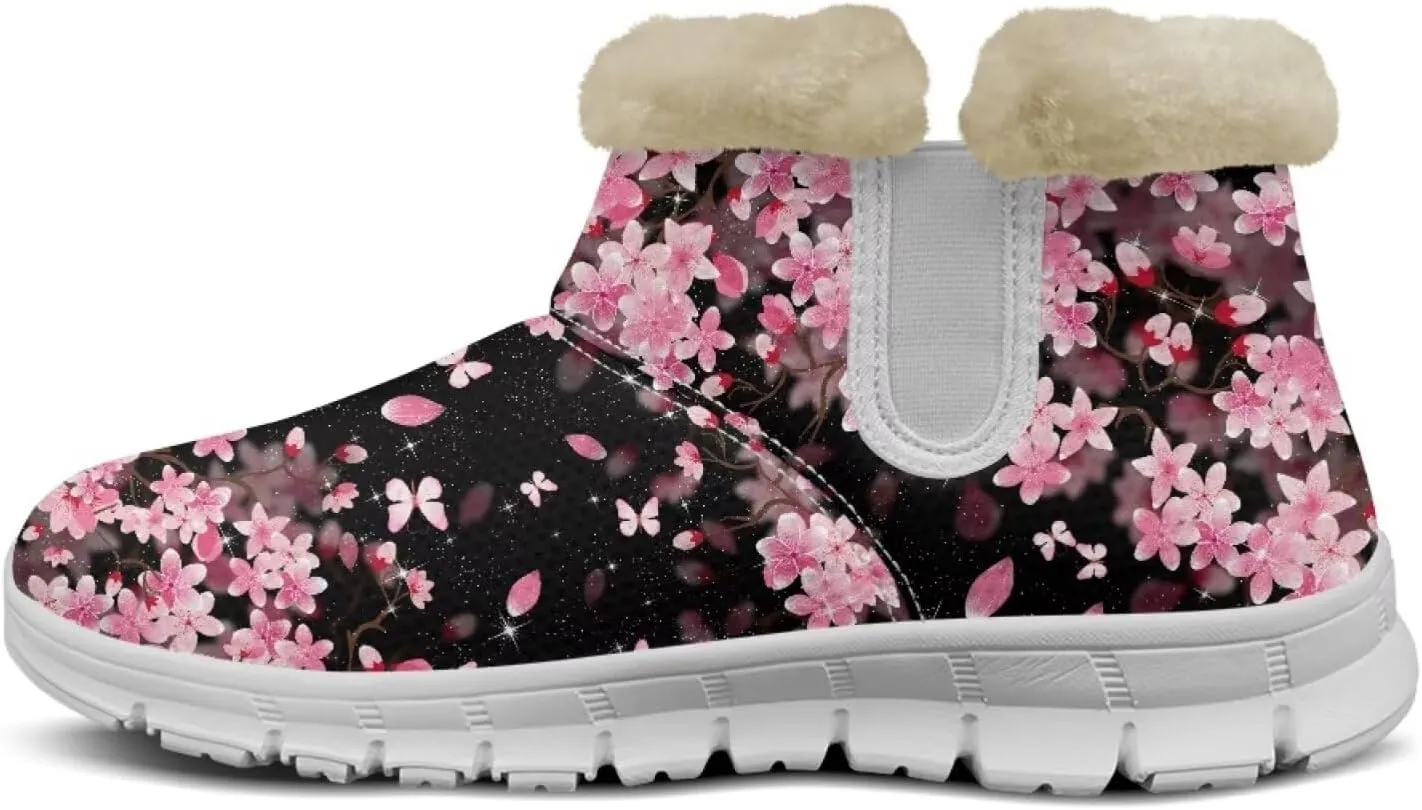 chaqlin Cherry Blossom Snow Boots Winter Ankle Boots for Women Flat Heels Resistant Slip Lightweight Flannel Plush Boots Casual Outdoor Backpacking