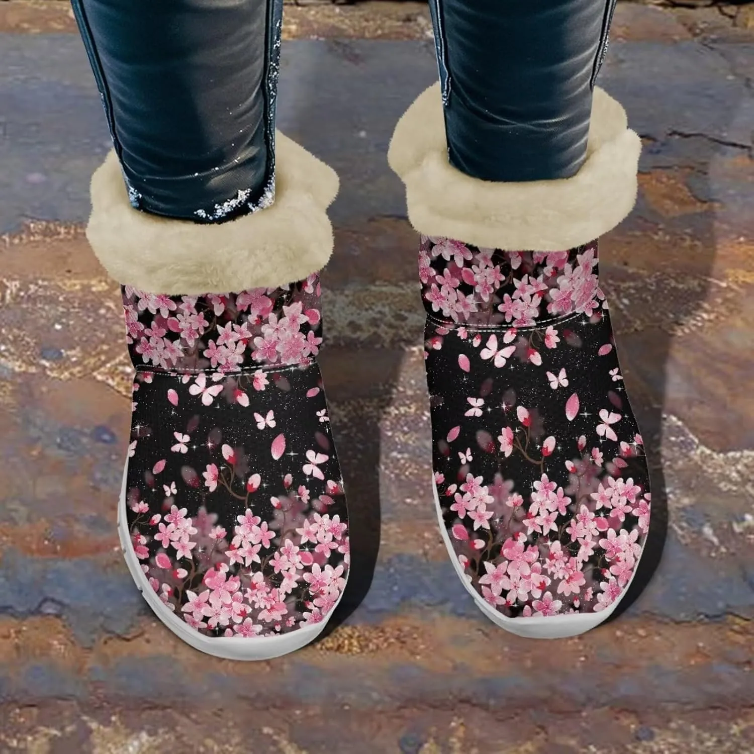 chaqlin Cherry Blossom Snow Boots Winter Ankle Boots for Women Flat Heels Resistant Slip Lightweight Flannel Plush Boots Casual Outdoor Backpacking