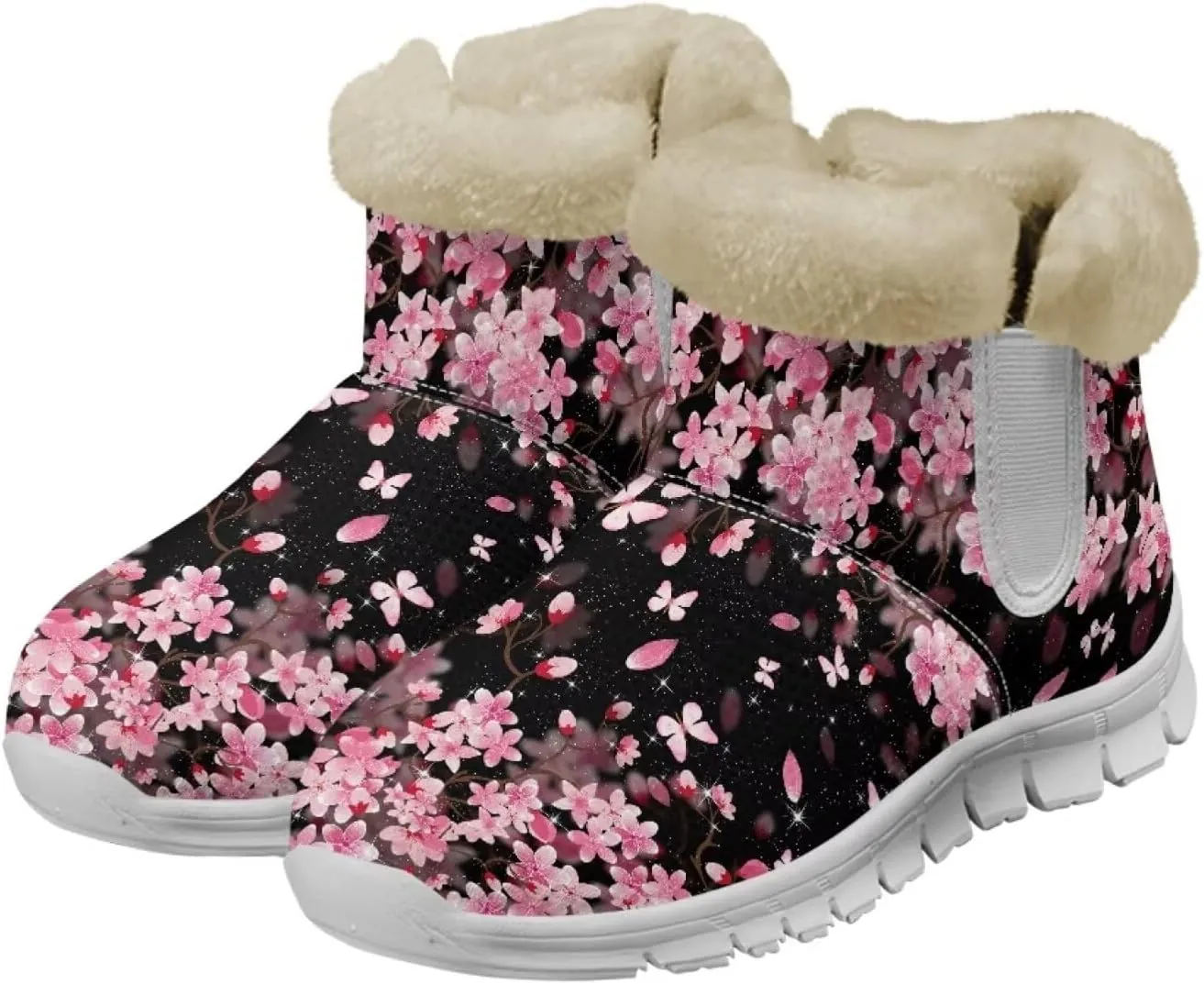 chaqlin Cherry Blossom Snow Boots Winter Ankle Boots for Women Flat Heels Resistant Slip Lightweight Flannel Plush Boots Casual Outdoor Backpacking