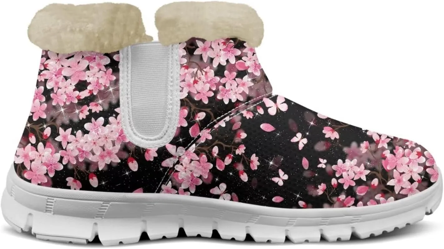 chaqlin Cherry Blossom Snow Boots Winter Ankle Boots for Women Flat Heels Resistant Slip Lightweight Flannel Plush Boots Casual Outdoor Backpacking