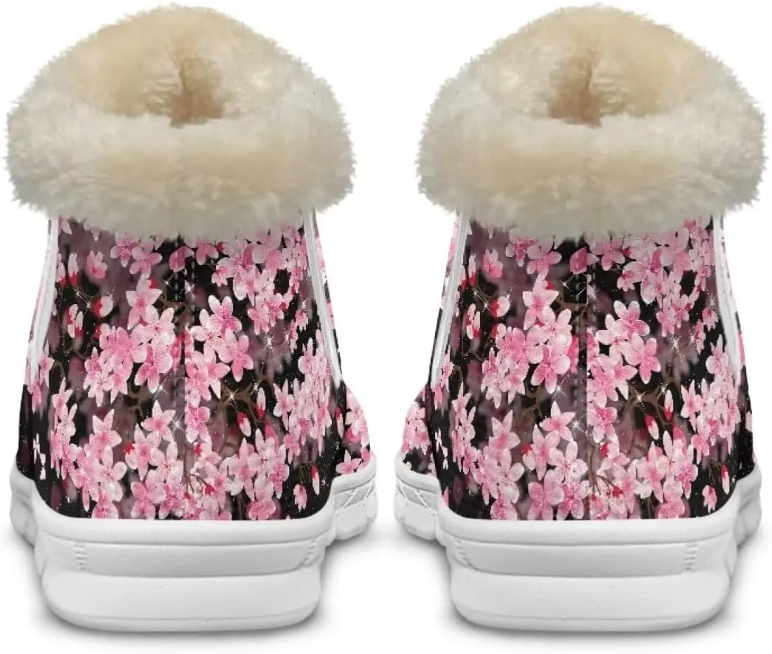 chaqlin Cherry Blossom Snow Boots Winter Ankle Boots for Women Flat Heels Resistant Slip Lightweight Flannel Plush Boots Casual Outdoor Backpacking