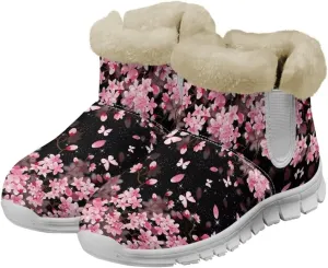 chaqlin Cherry Blossom Snow Boots Winter Ankle Boots for Women Flat Heels Resistant Slip Lightweight Flannel Plush Boots Casual Outdoor Backpacking