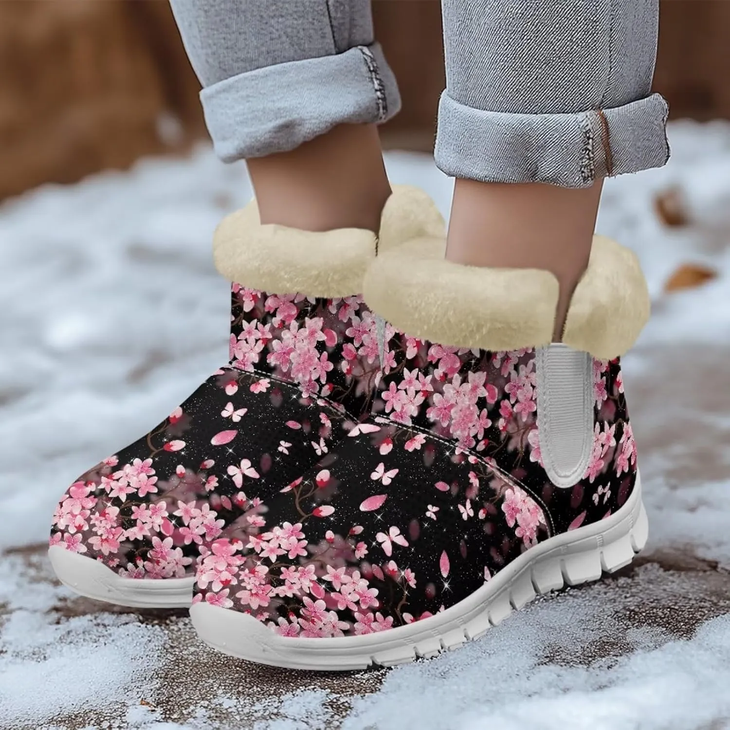 chaqlin Cherry Blossom Snow Boots Winter Ankle Boots for Women Flat Heels Resistant Slip Lightweight Flannel Plush Boots Casual Outdoor Backpacking