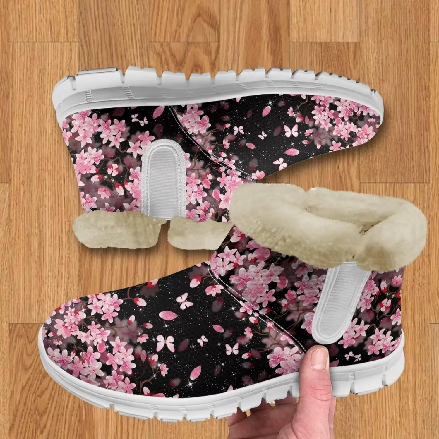 chaqlin Cherry Blossom Snow Boots Winter Ankle Boots for Women Flat Heels Resistant Slip Lightweight Flannel Plush Boots Casual Outdoor Backpacking