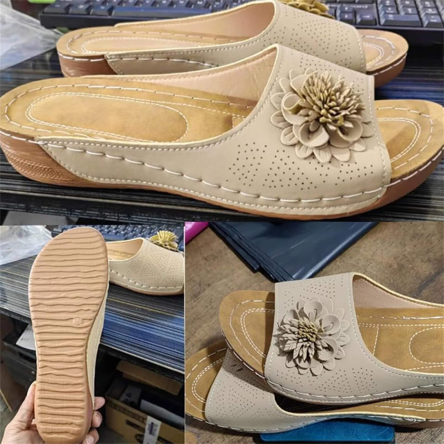 Chic Floral Embellished Comfort Sandals for Women, Women Summer Mesh Breathable Open Toe Slip On Slides