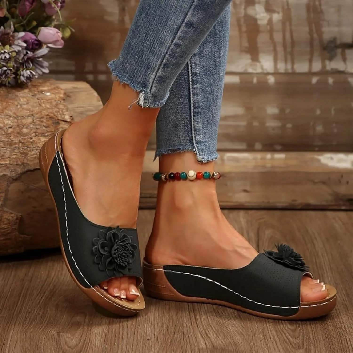Chic Floral Embellished Comfort Sandals for Women, Women Summer Mesh Breathable Open Toe Slip On Slides
