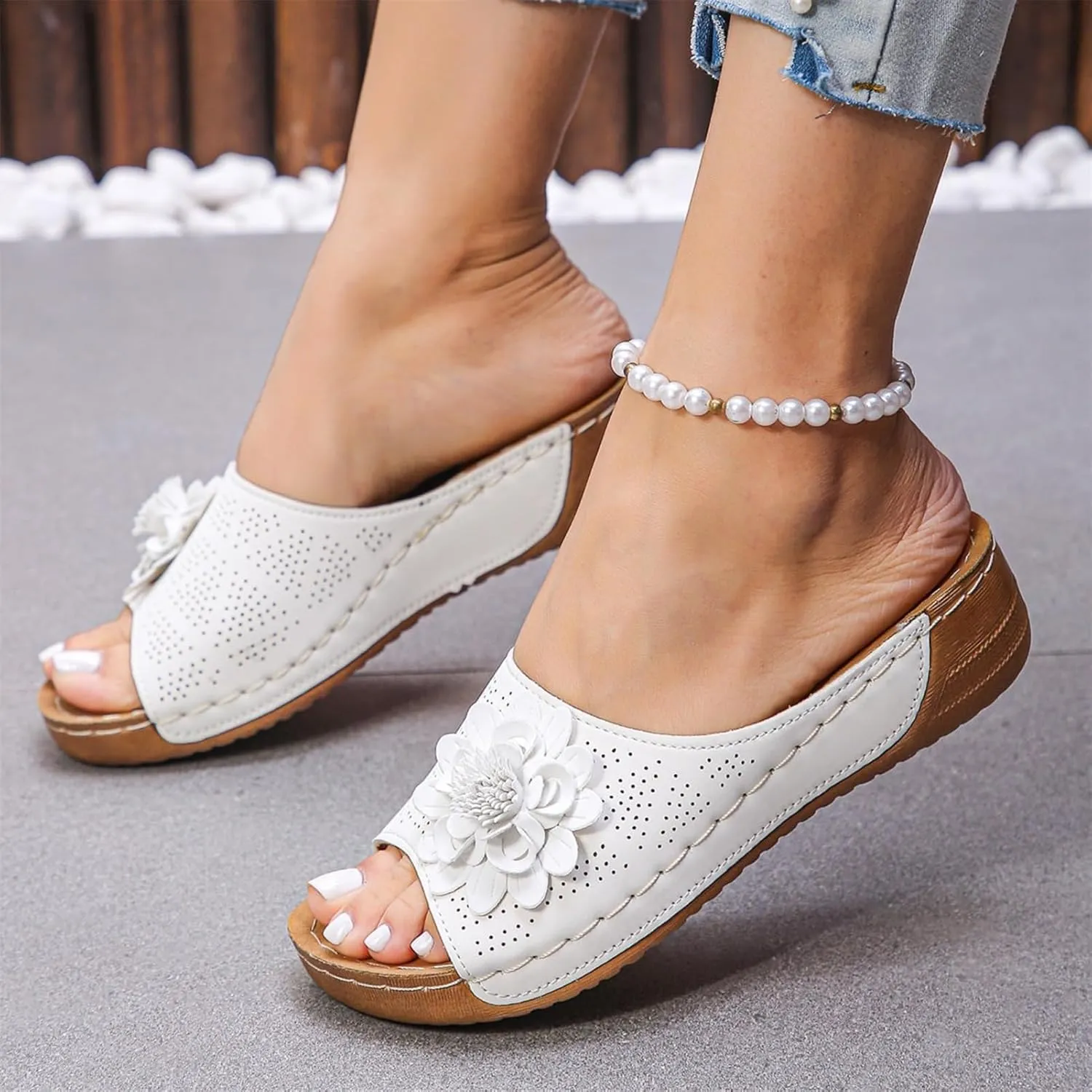 Chic Floral Embellished Comfort Sandals for Women, Women Summer Mesh Breathable Open Toe Slip On Slides