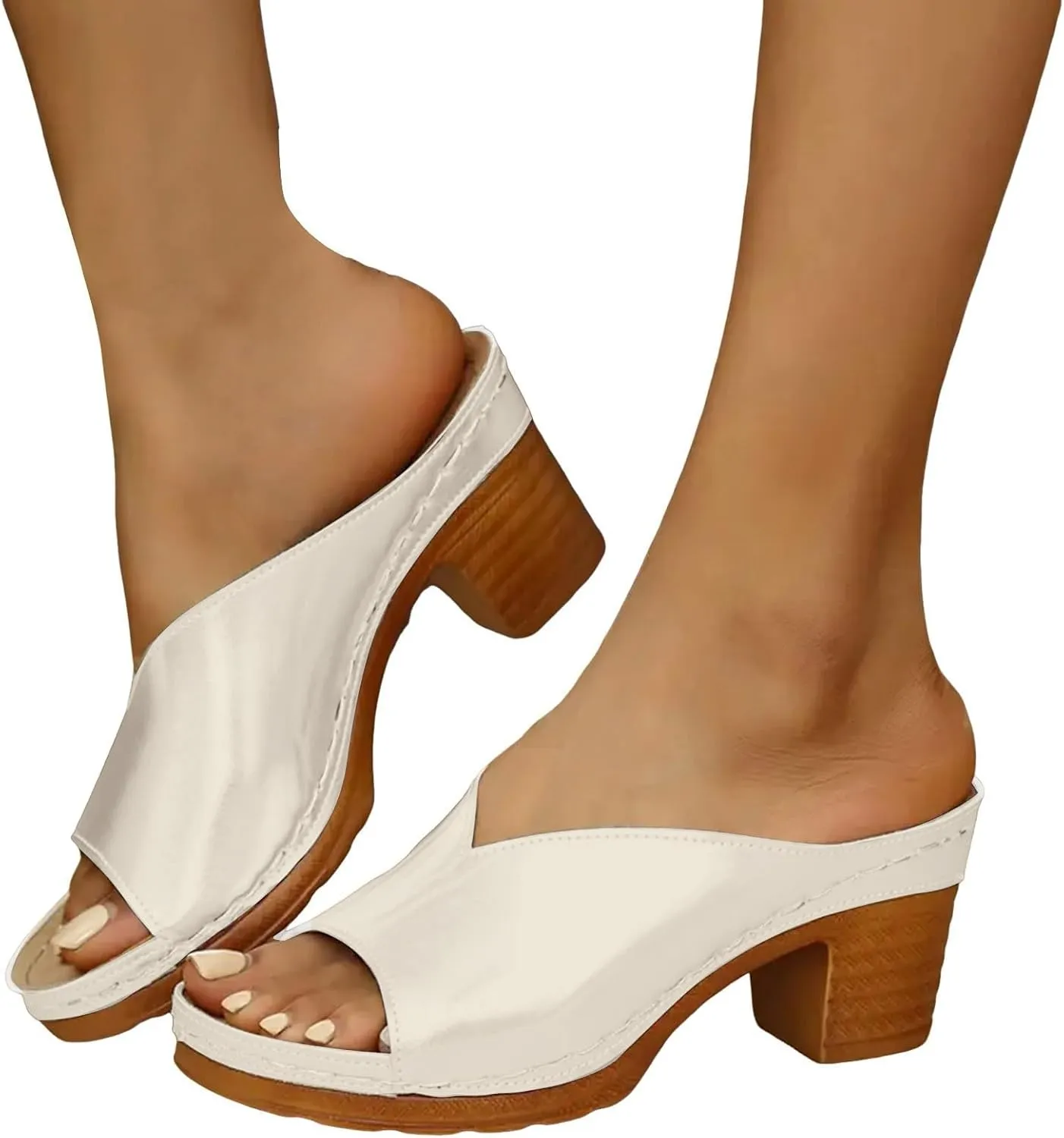 Chunky Heel Fish Mouth Ladies Slippers Fashionable Casual Leather Outer Wear Beach Closed Toe Sandals for Women Wide