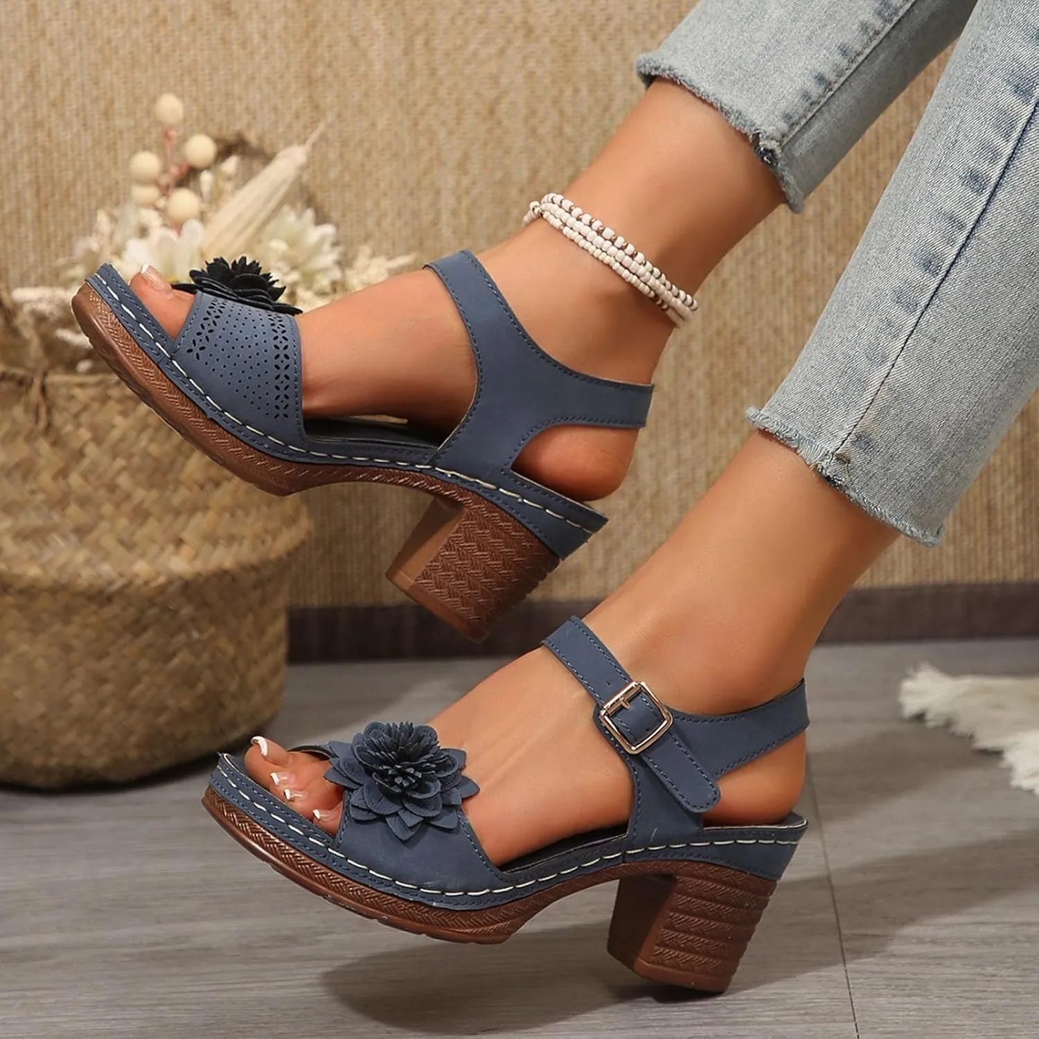 Chunky Heel Sandals for Women Platform Wedges Open Toe Wedges Heels Dressy Summer Comfortable Platform Sandals Ankle Strap Low Heels Casual Hollow Out Shoes Work Sandal for Women Office