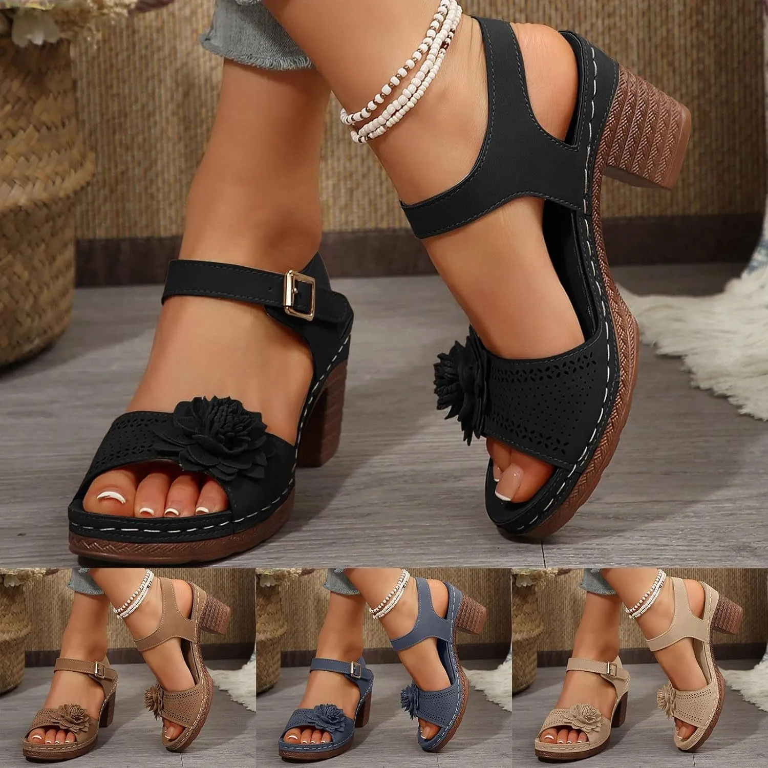 Chunky Heel Sandals for Women Platform Wedges Open Toe Wedges Heels Dressy Summer Comfortable Platform Sandals Ankle Strap Low Heels Casual Hollow Out Shoes Work Sandal for Women Office